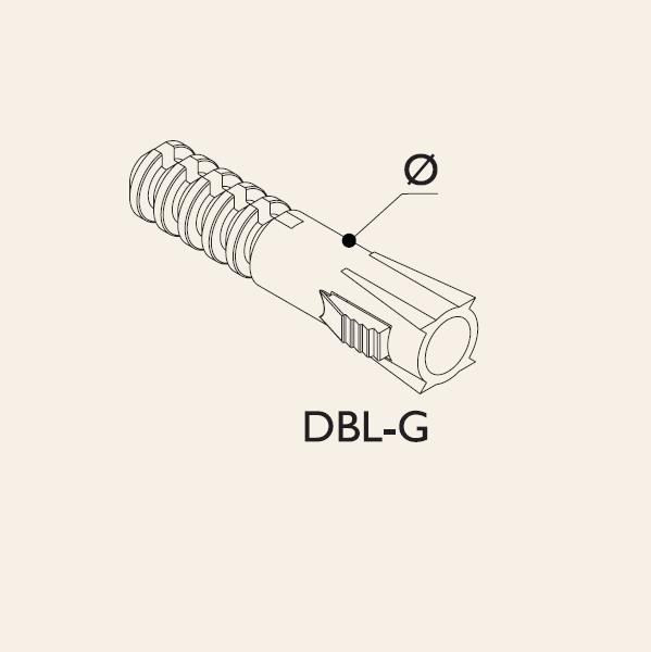 Genişletme kanatlı, dişli bir dübelin şematik çizimi. Etiketi DBL-G.
