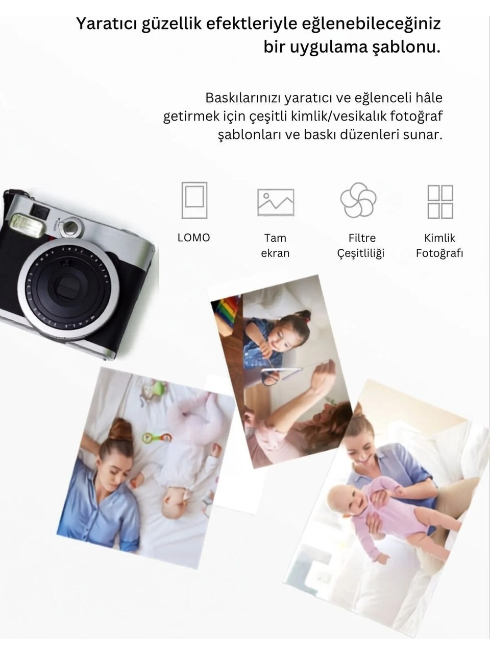 Una fotocamera e foto di famiglie con bambini, che mostrano opzioni di stampa.