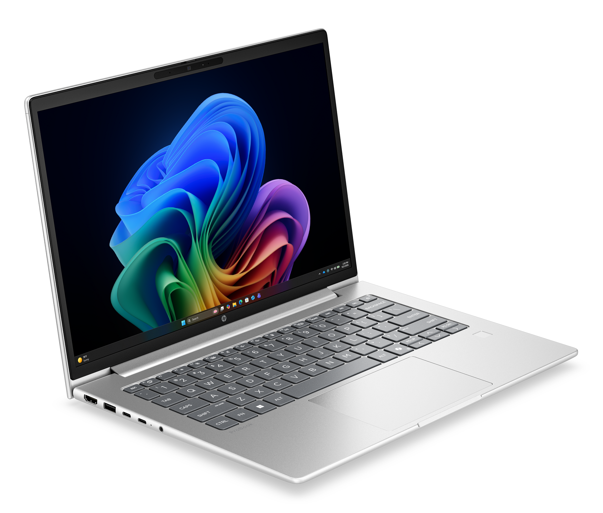 Een zilveren laptop met het scherm open, waarop een kleurrijke abstracte afbeelding wordt weergegeven.