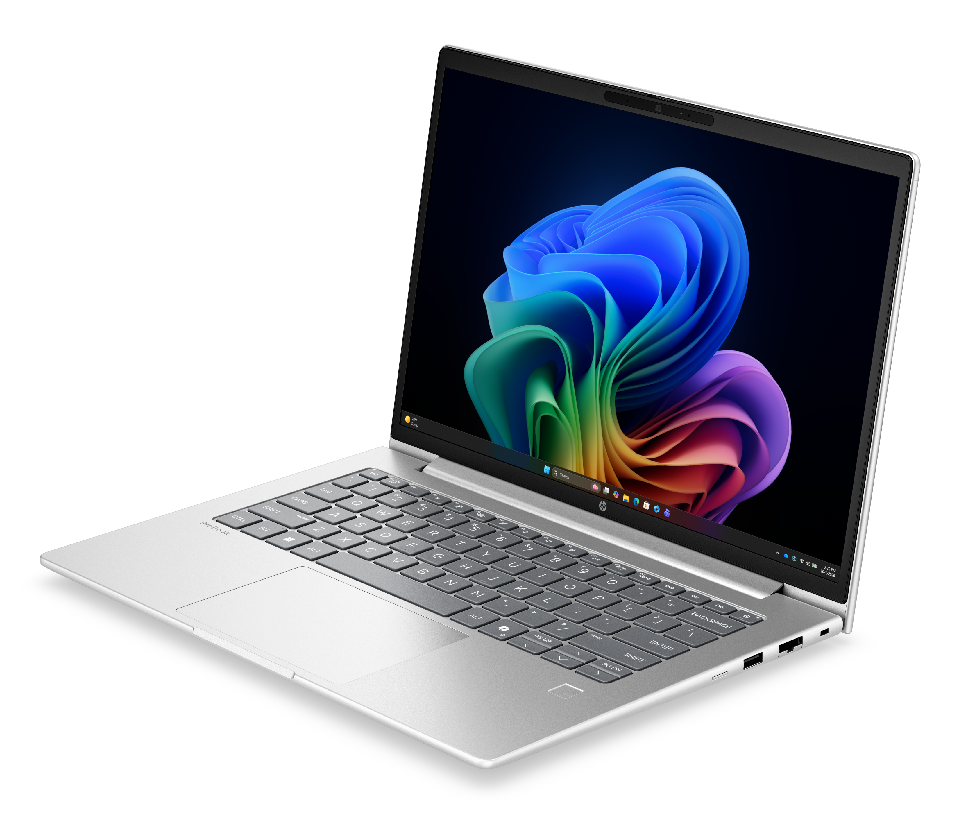 Een zilveren laptop is open met een kleurrijke achtergrond. Zwarte achtergrond.