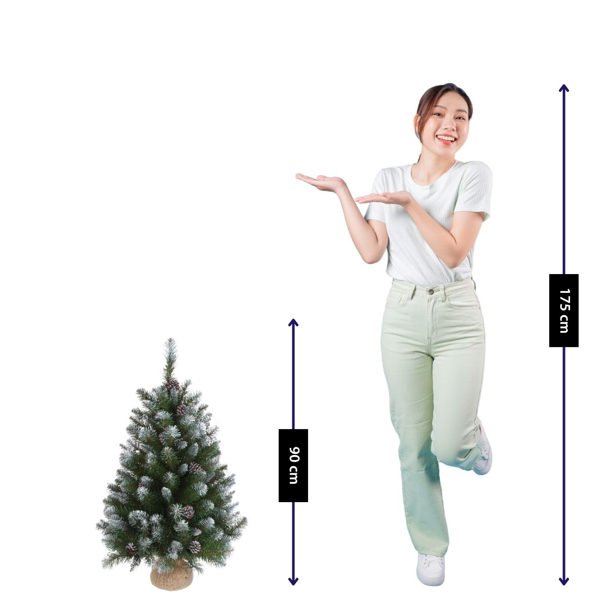 A woman stands next to a 90 cm Christmas tree. She is 175 cm tall.