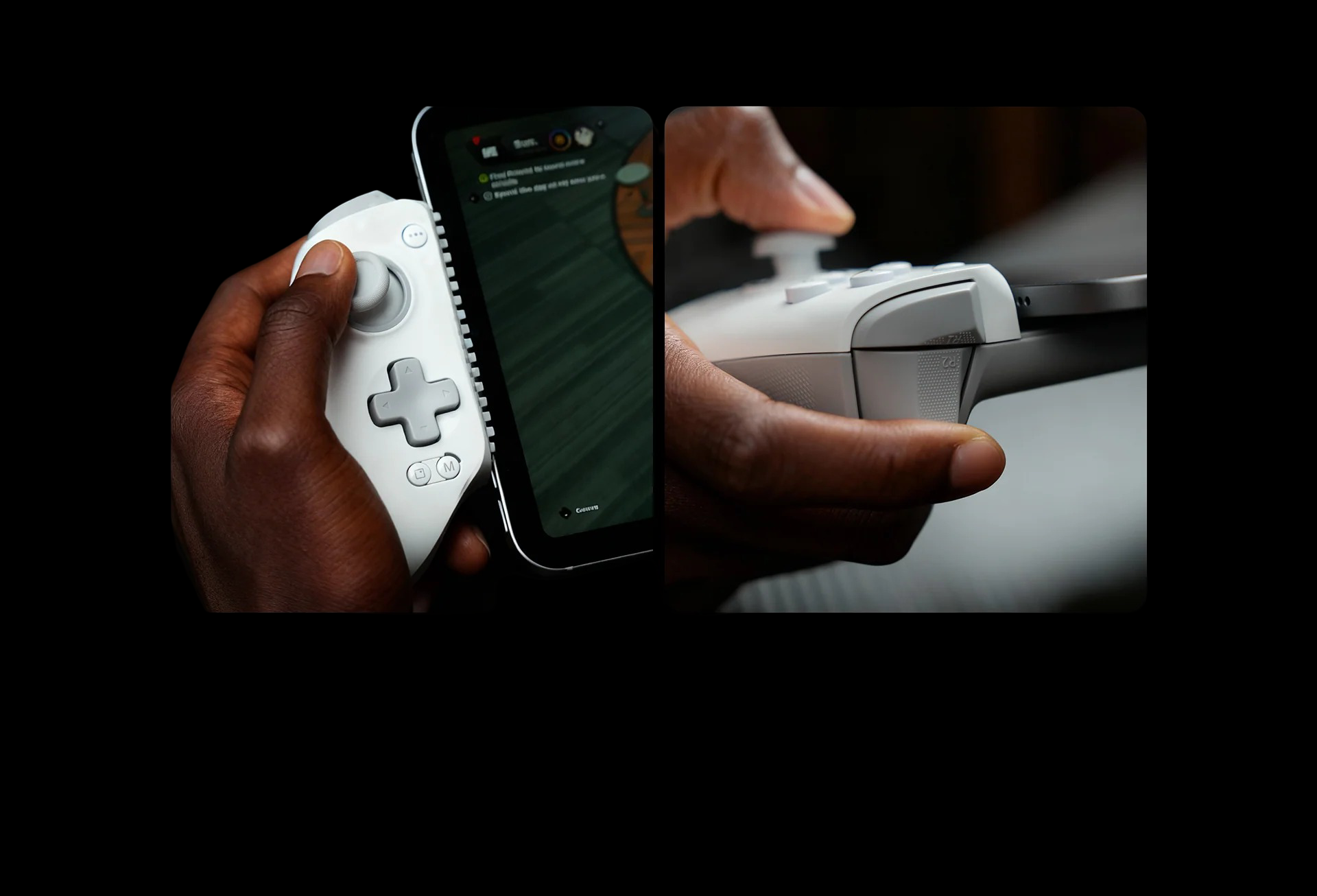 Una mano tiene un controller bianco collegato a uno smartphone.