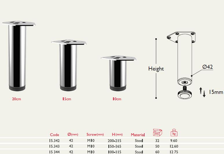 Gümüş mobilya ayakları 3 boyutta: 20cm, 15cm, 10cm. Teknik çizim.