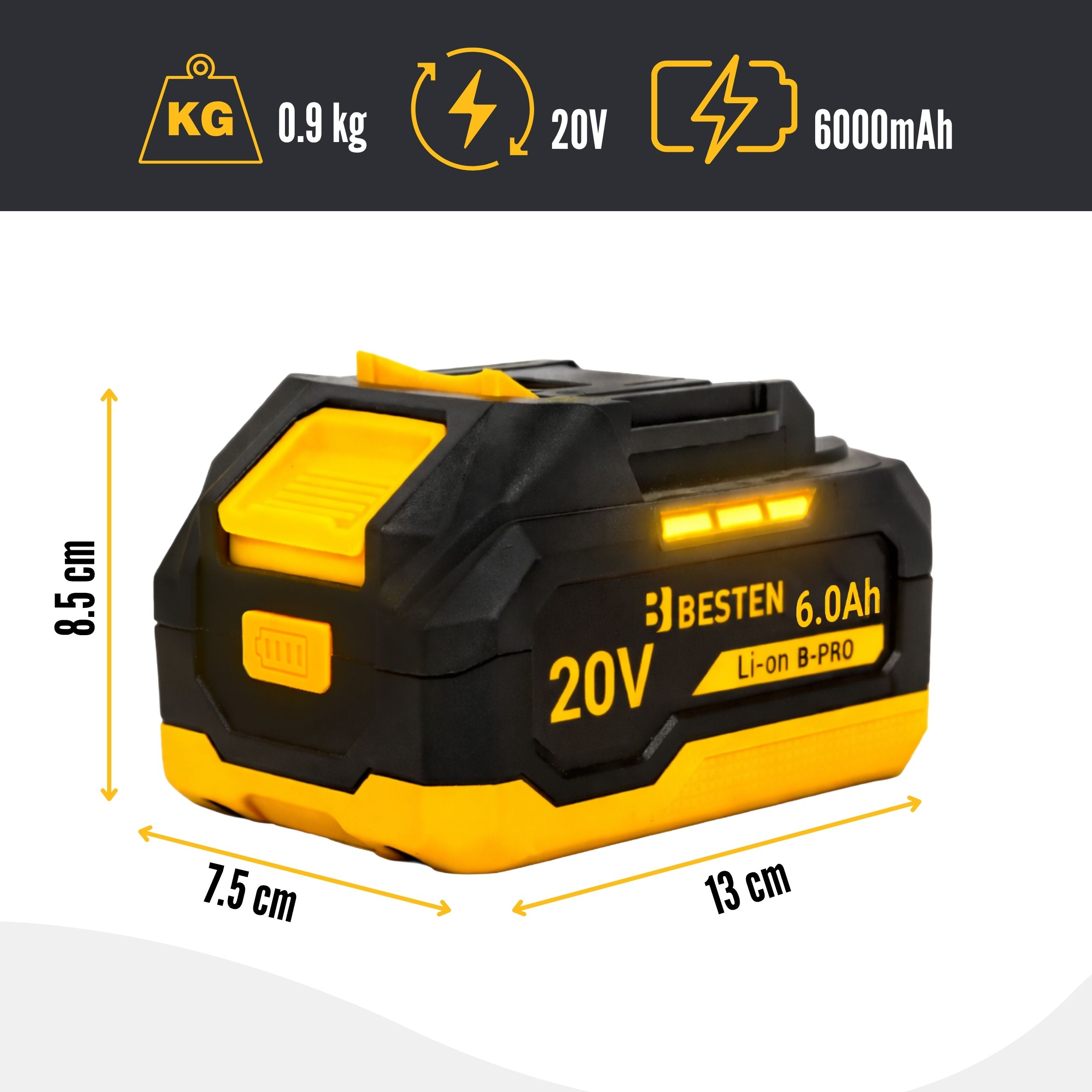 Czarno-żółta bateria 20V 6.0Ah, 8.5x7.5x13cm, 0.9kg.