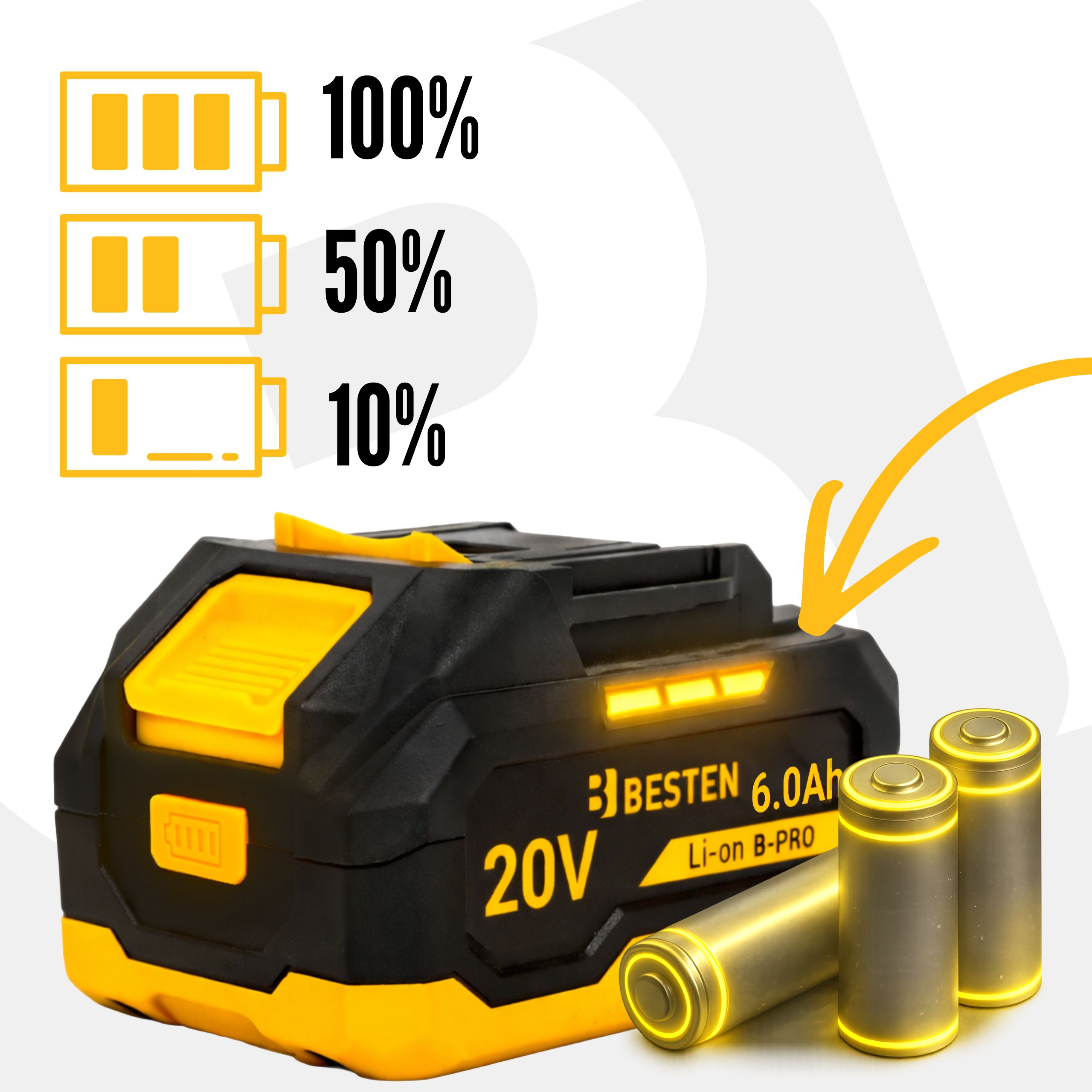 Czarno-żółty akumulator 20V, 6.0Ah. Obok trzy baterie cylindryczne.