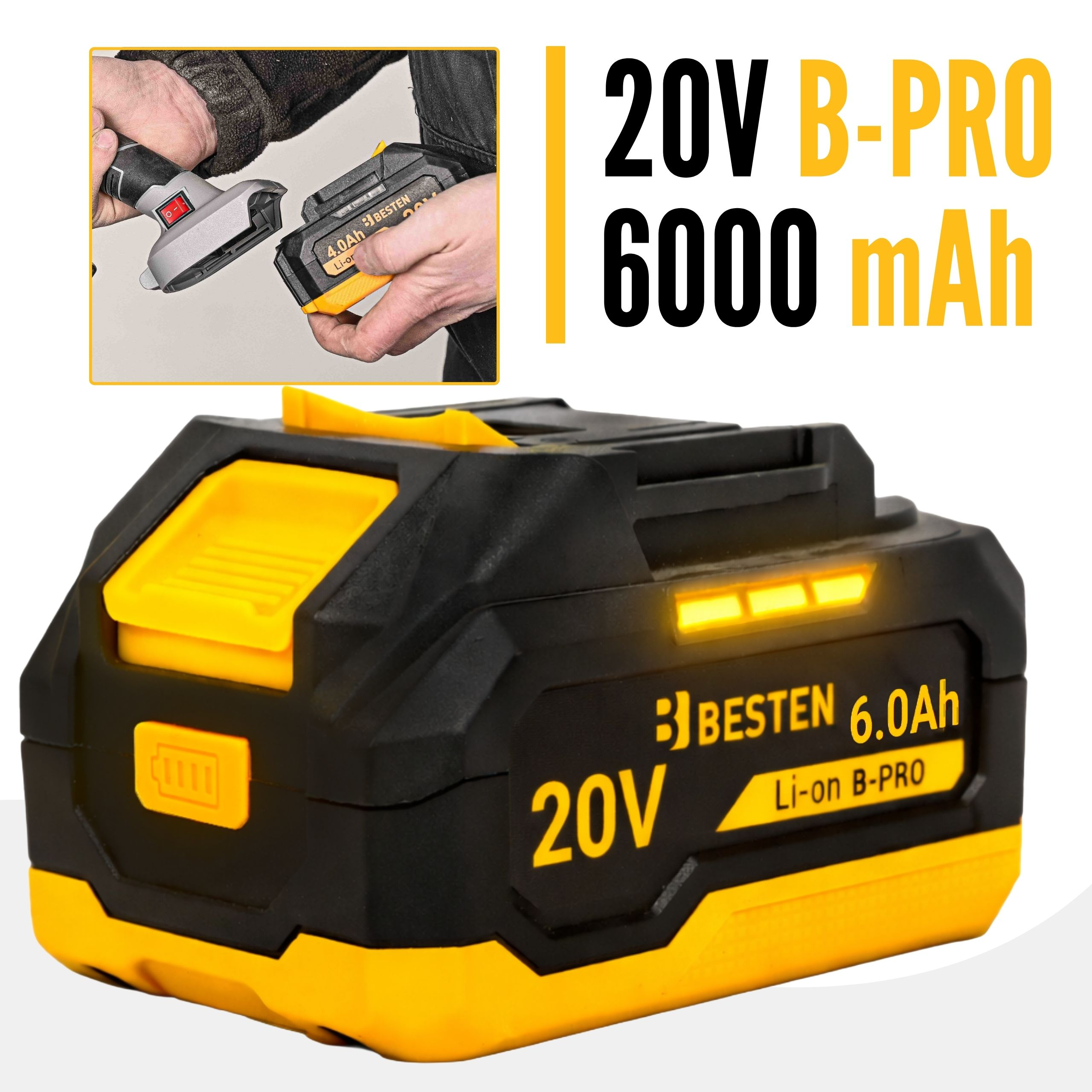 Czarno-żółta bateria 20V B-PRO 6.0Ah ze wskaźnikami naładowania.