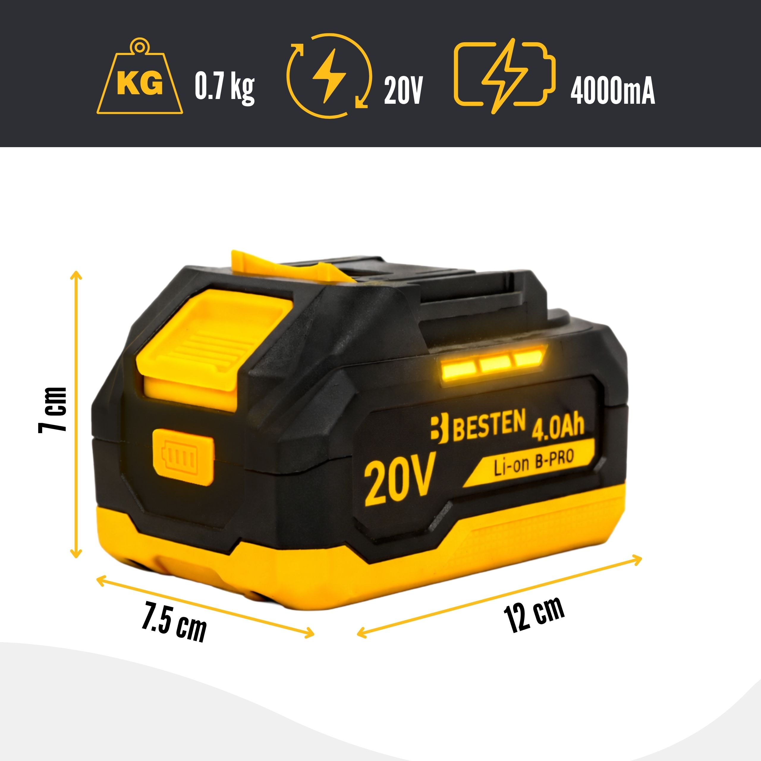 Akumulator Li-Ion 20V 4.0Ah waży 0.7kg i ma wymiary 7x7.5x12cm.