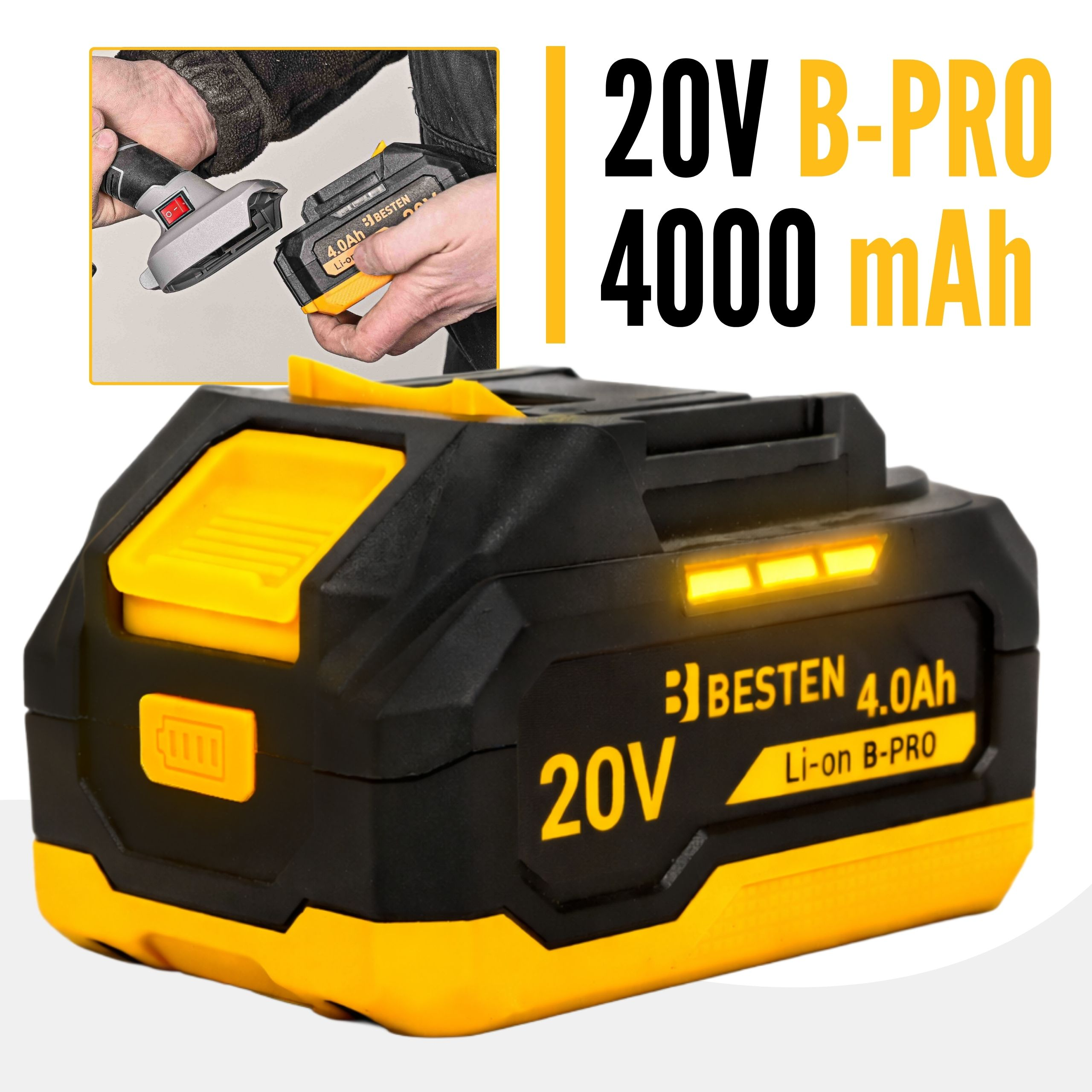 Czarno-żółta bateria 20V 4000mAh ze wskaźnikiem naładowania.