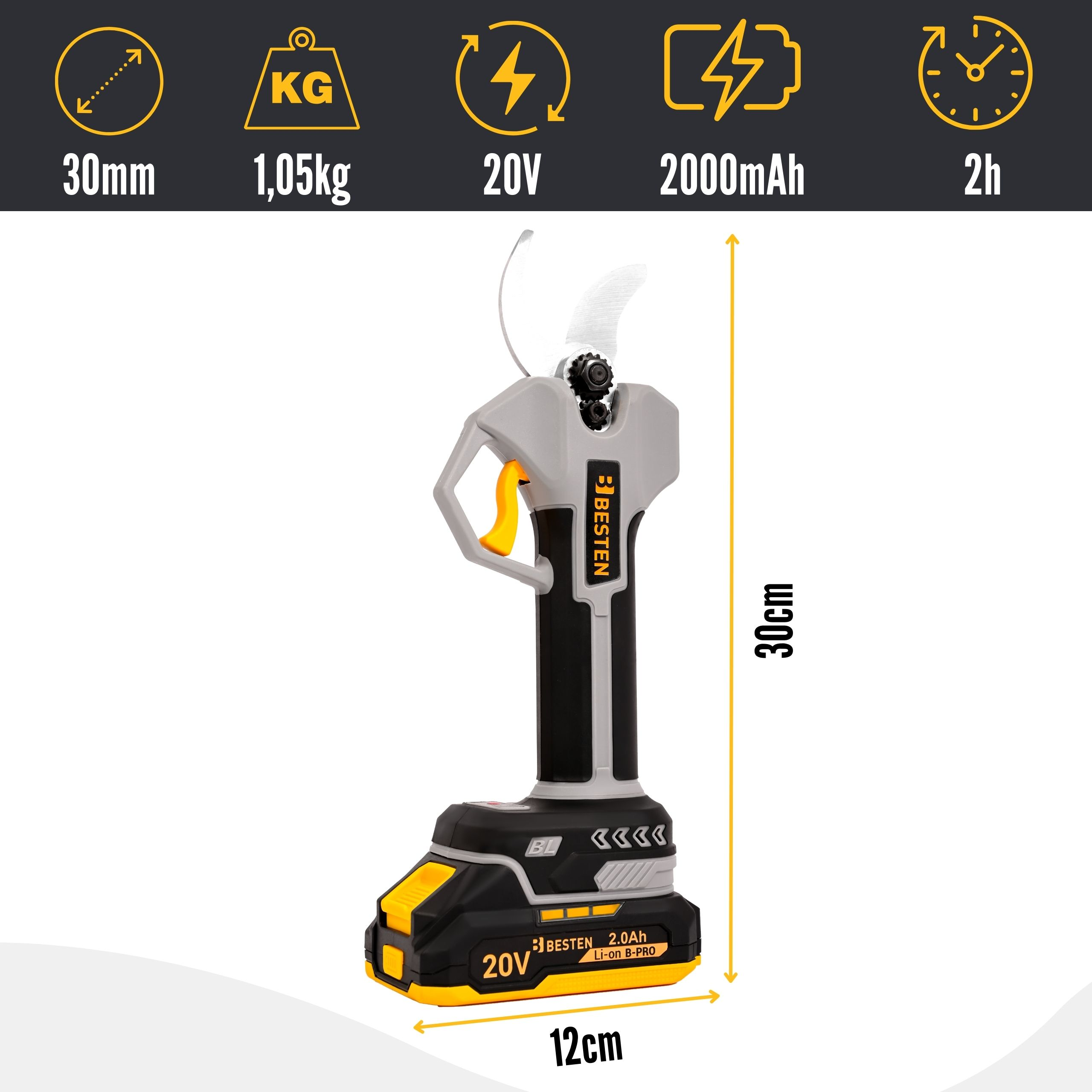Sekator akumulatorowy: cięcie 30mm, 1,05kg, 20V, 2000mAh, 2h ładowania.