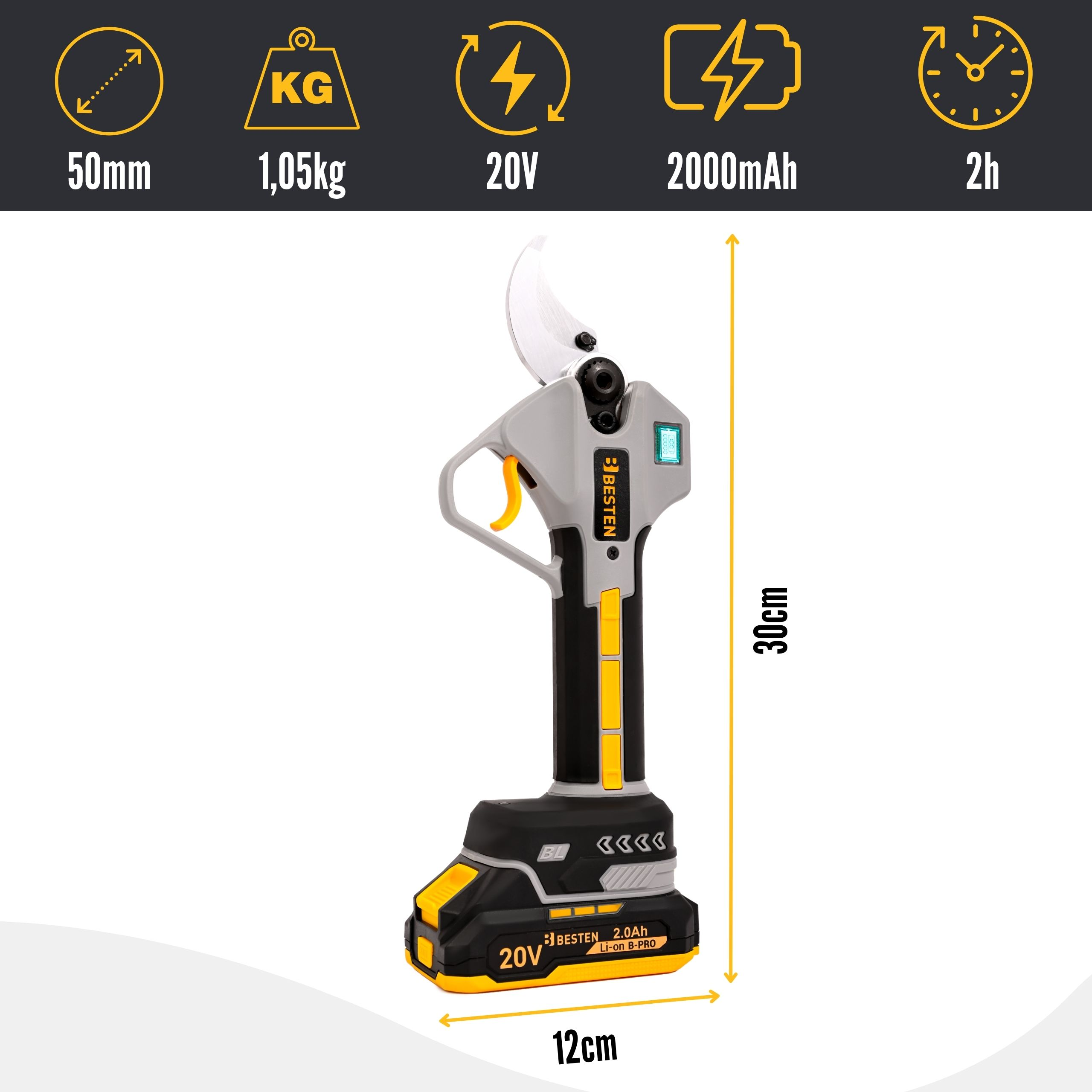 Bezprzewodowe nożyce do przycinania, 30cm wysokie, 12cm szerokie, 1,05kg, 20V, 2000mAh.
