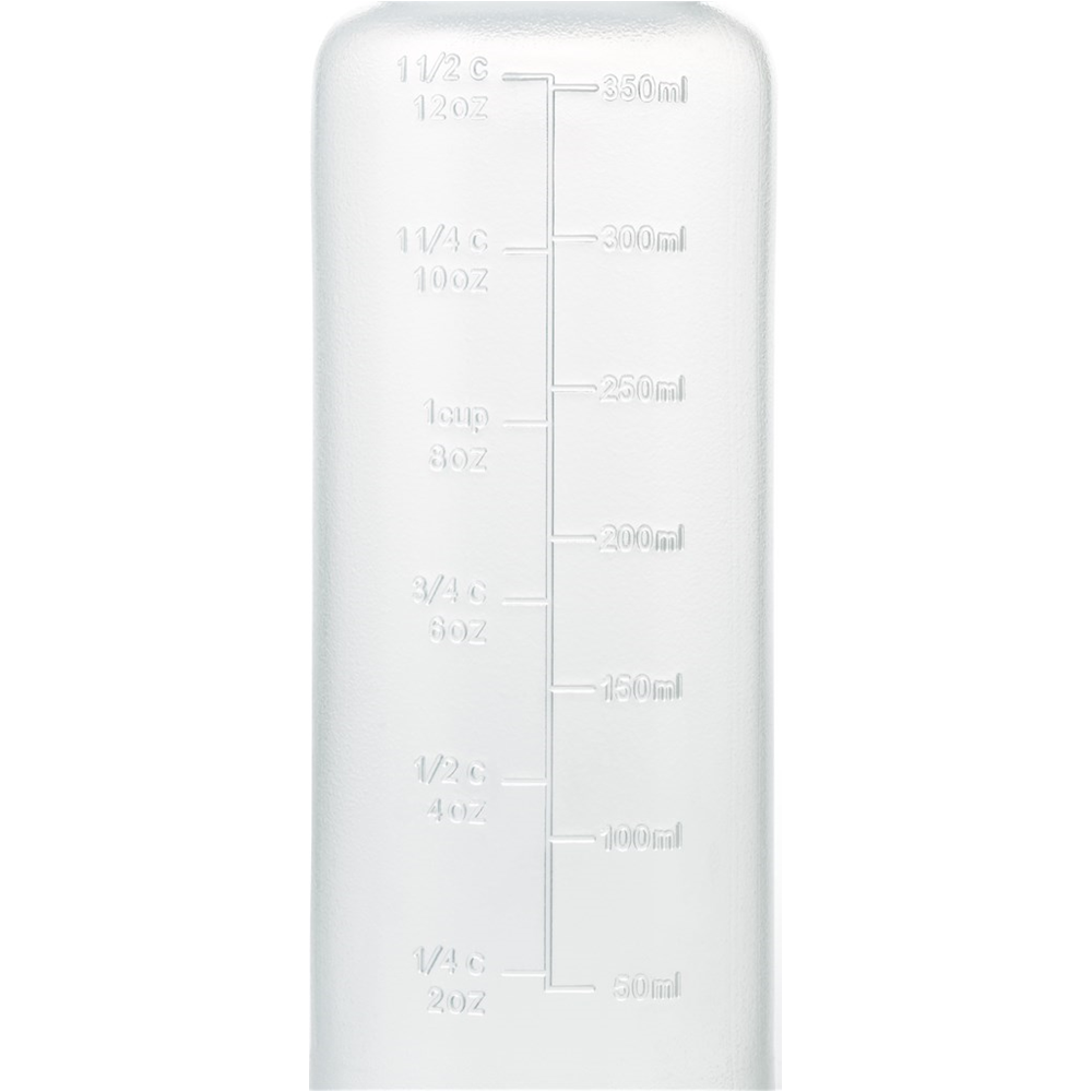 Eine durchsichtige Messflasche mit Markierungen in ml und Unzen.