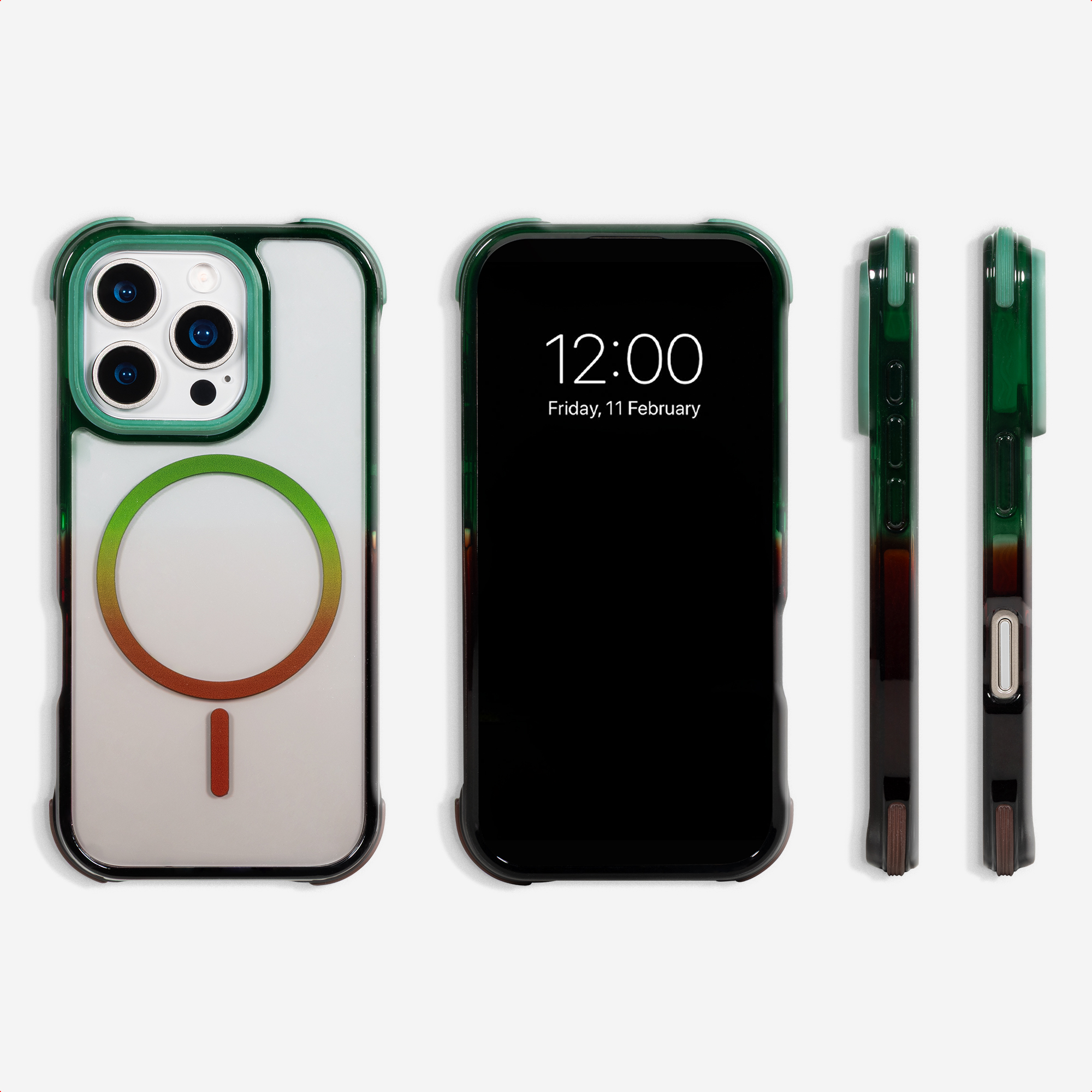 Ein iPhone mit durchsichtigem Gehäuse, MagSafe-Ring und grünen Akzenten.