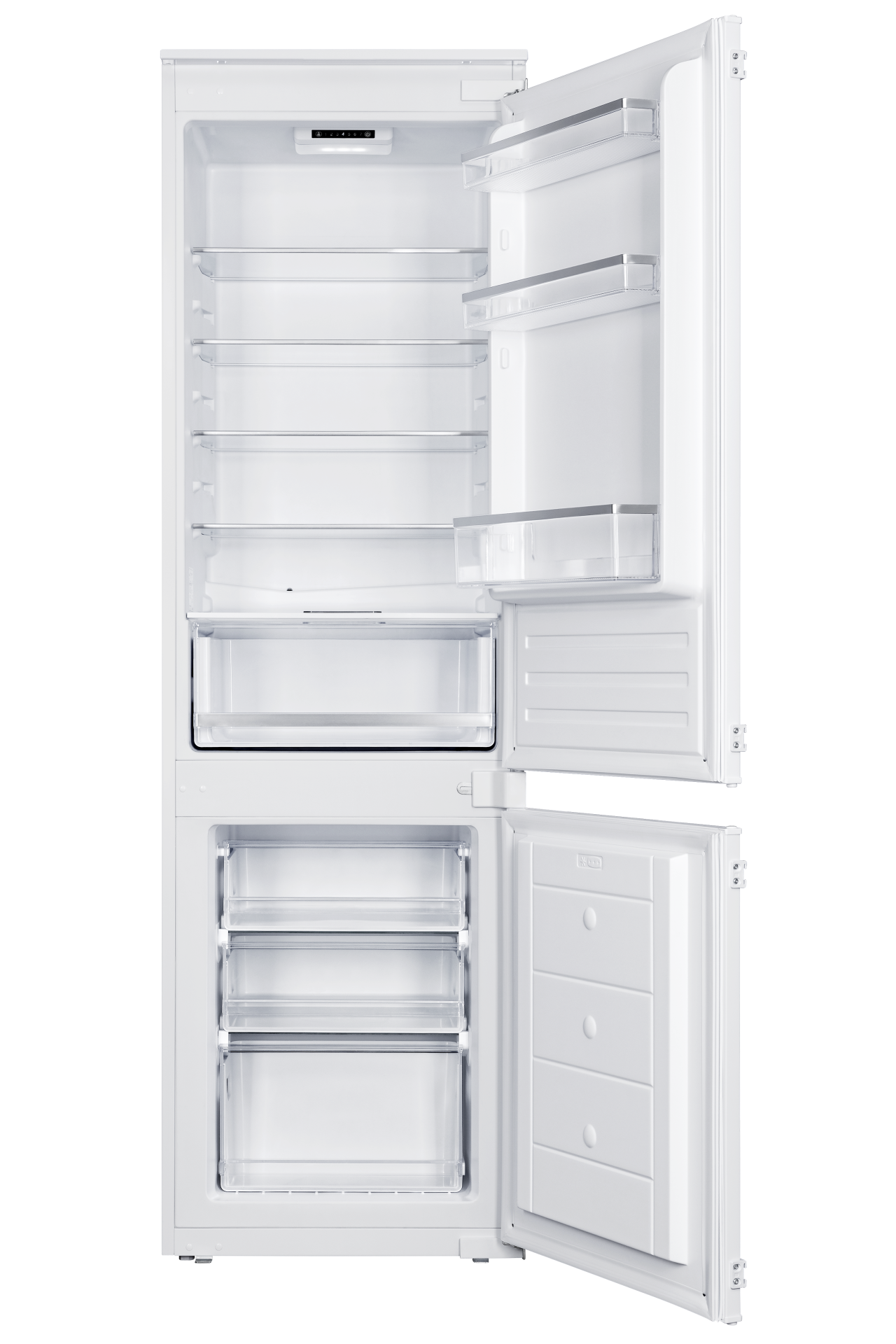 Un frigorifero bianco vuoto con porte, ripiani e cassetti aperti.