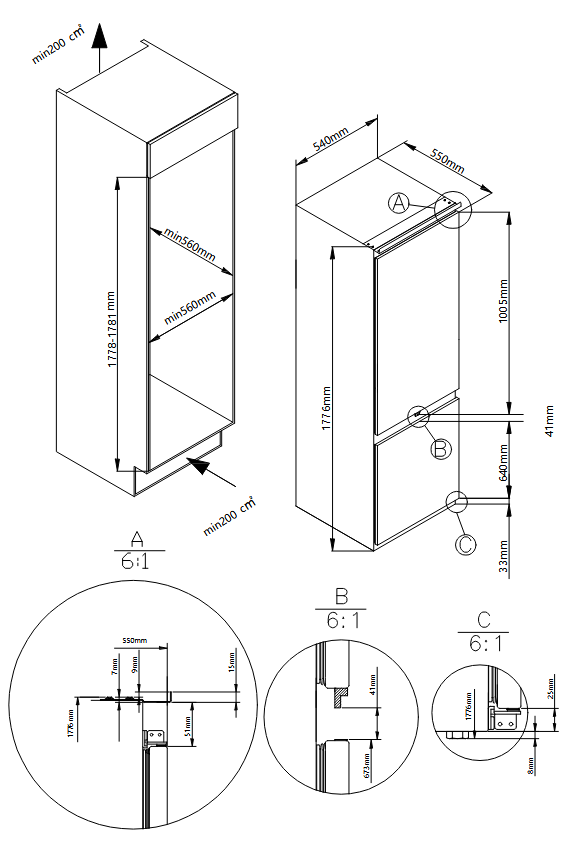 Disegno tecnico di un elettrodomestico da cucina con dimensioni e dettagli.