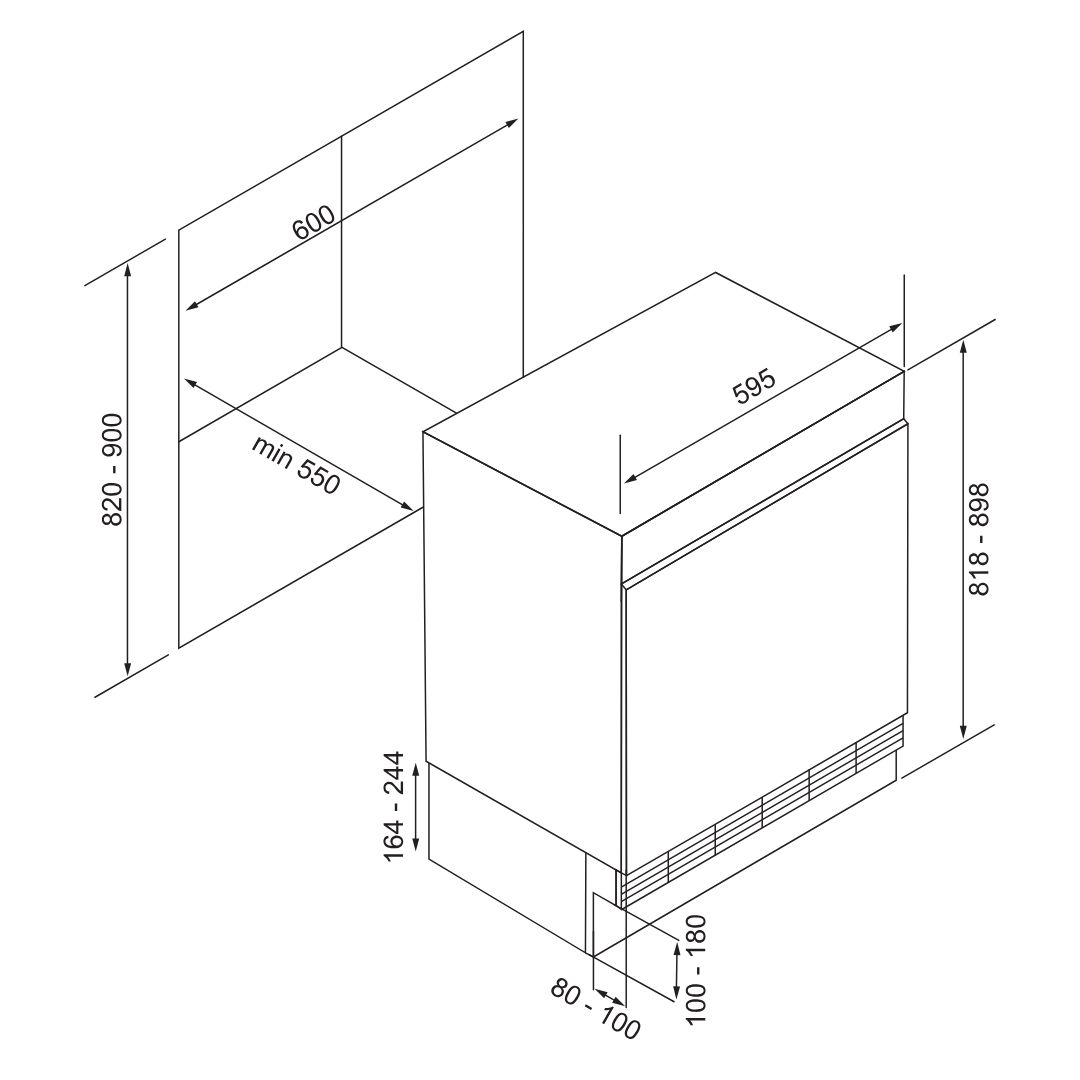 Disegno tecnico di un frigorifero da incasso con dimensioni.