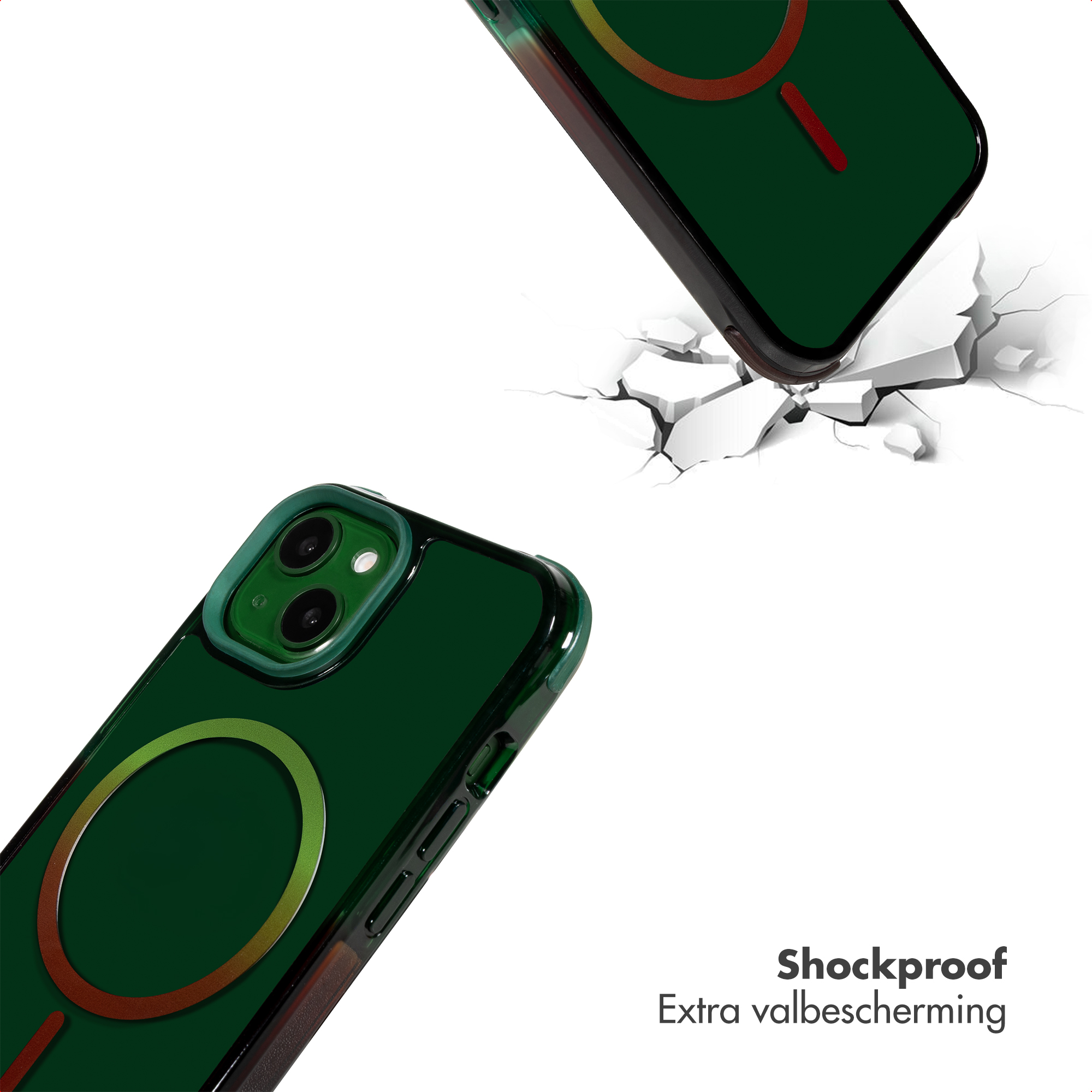 Coque de téléphone verte avec anneau magnétique tombe sur sol blanc.