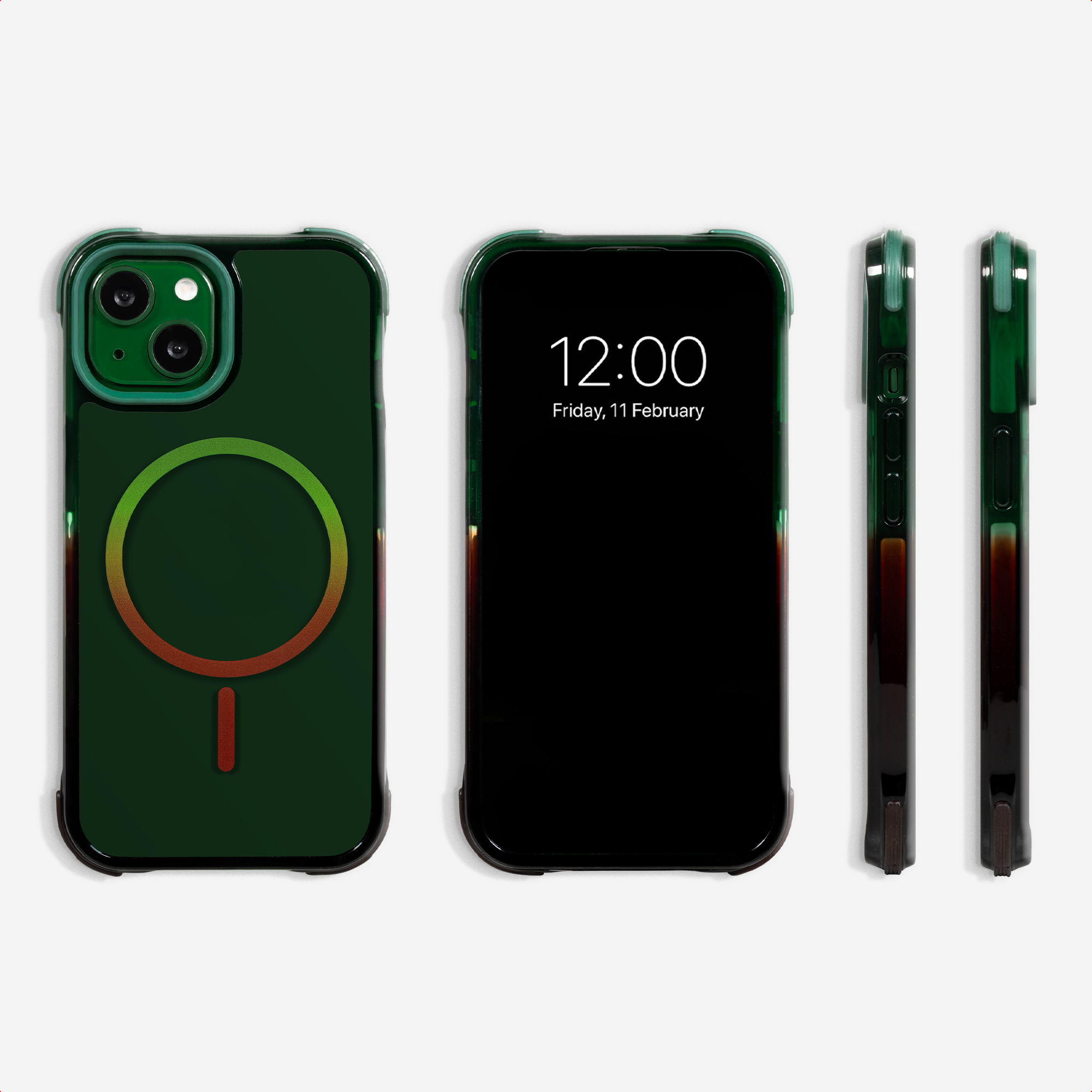 Trois vues d'une coque de téléphone vert foncé avec anneau MagSafe et écran vierge.