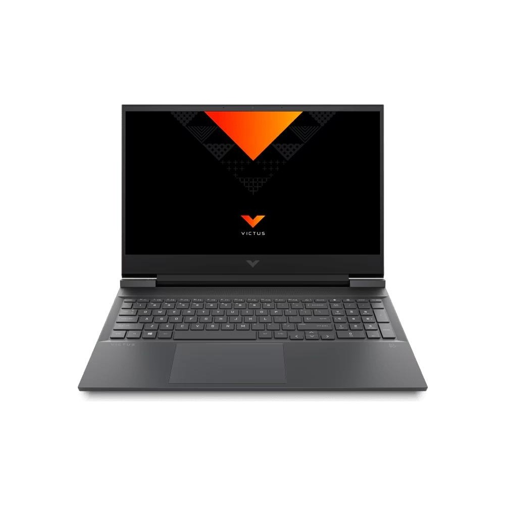 Ekranında Victus logosu ve beyaz klavyesi olan siyah bir dizüstü bilgisayar.