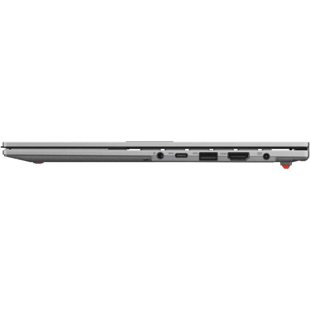Gri dizüstü bilgisayarın yan görünümü, bağlantı noktaları: USB-C, USB-A, HDMI, DC-IN.