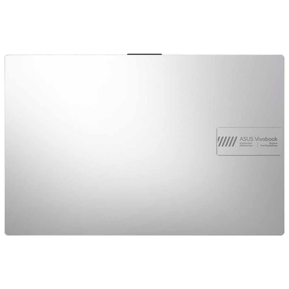 Kapalı gümüş renkli Asus Vivobook dizüstü bilgisayar, logolu.