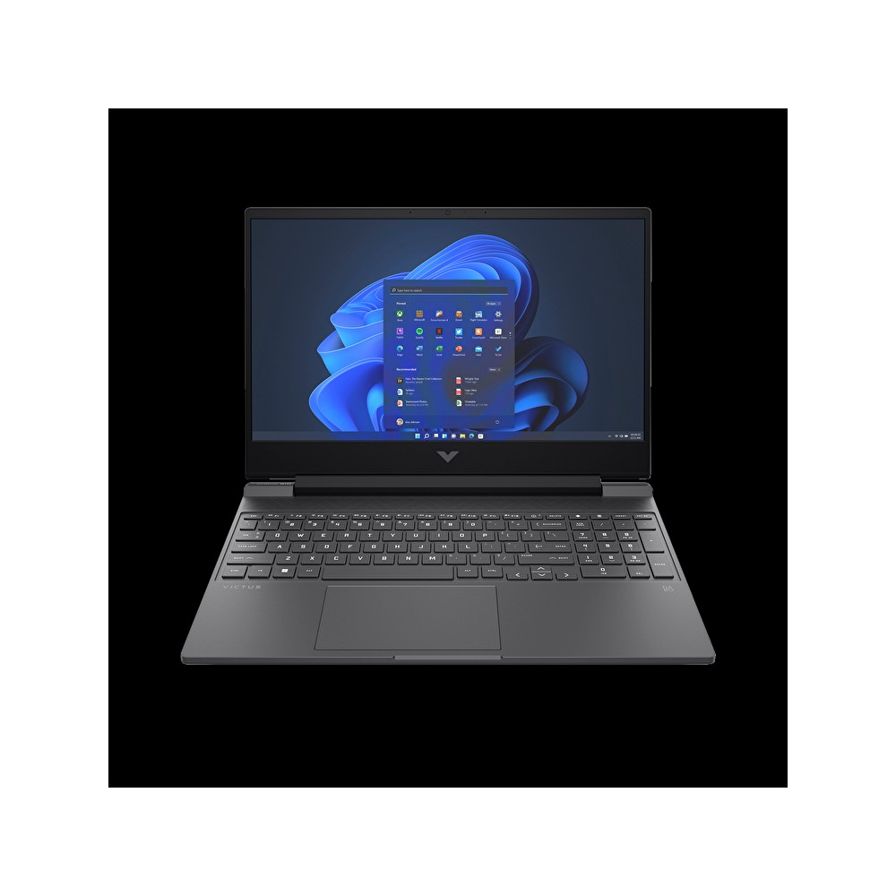 Işıklı klavyeli ve Windows 11 başlangıç ekranlı koyu renkli bir dizüstü bilgisayar.