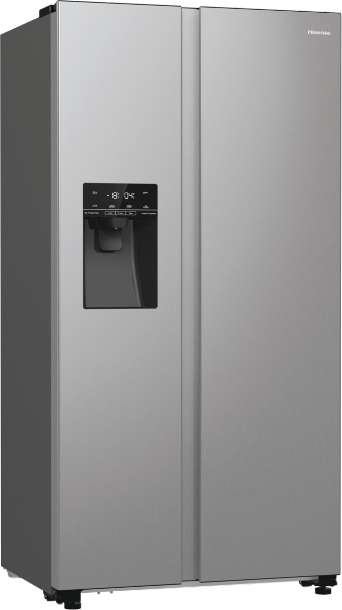 Ein silberner Hisense Kühlschrank mit Doppeltüren und Wasserspender.