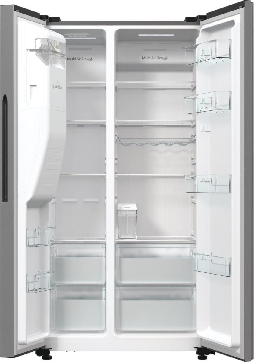 Ein leerer, offener Kühlschrank mit zwei Türen, mit Regalen und Schubladen.