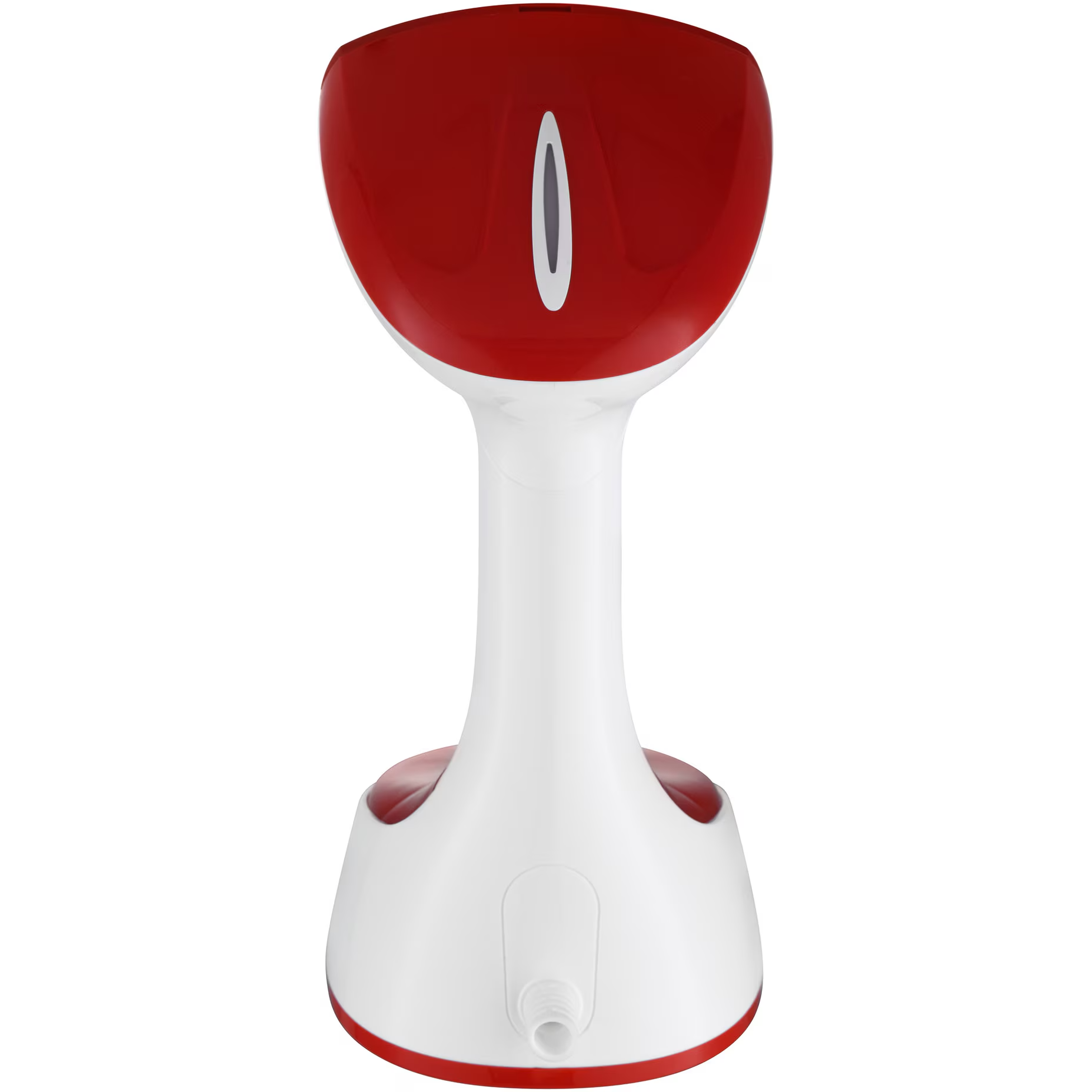 Een rood en wit handstoomapparaat met een verticale smalle opening.