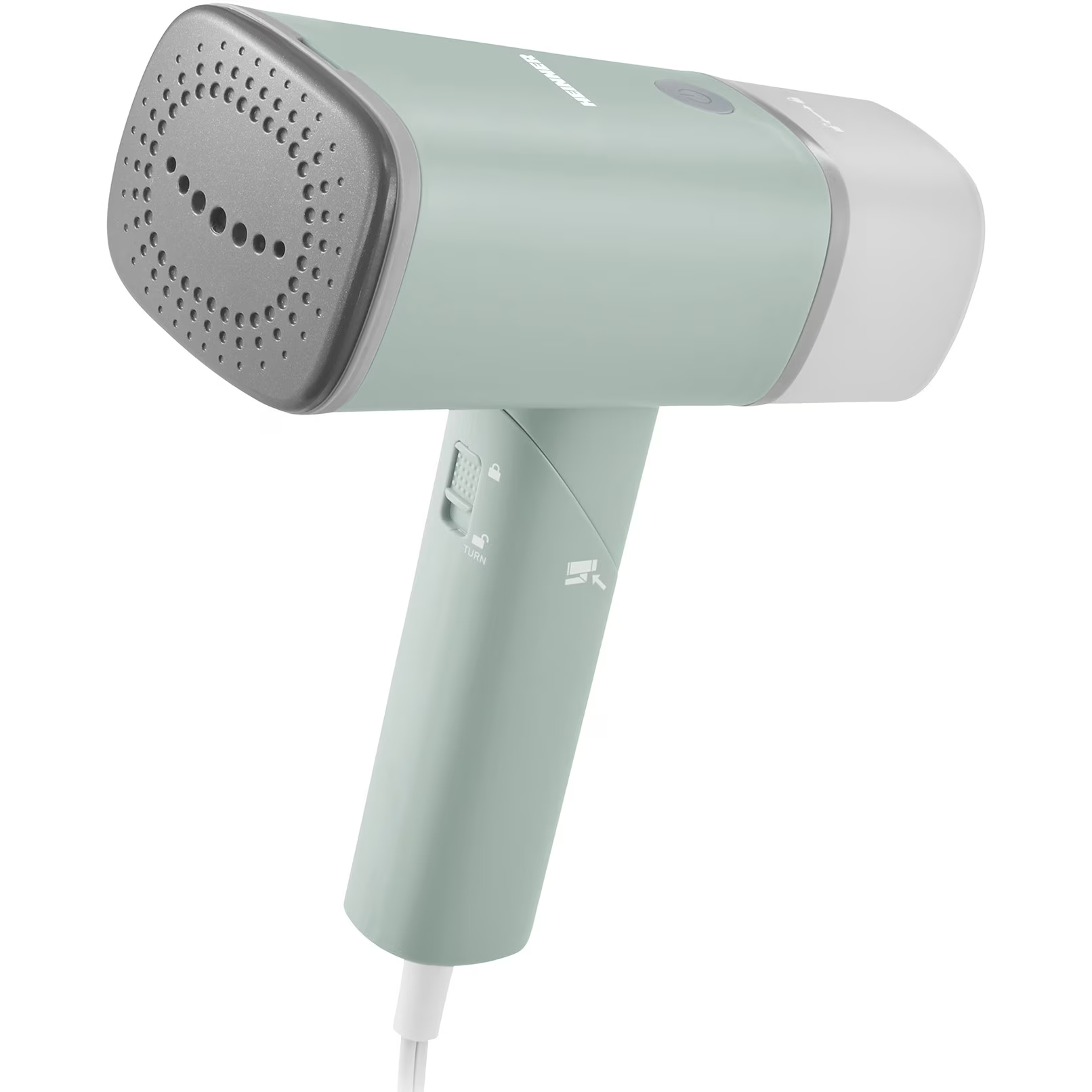 Een lichtgroene handstomer met grijze kop en witte handgreep.