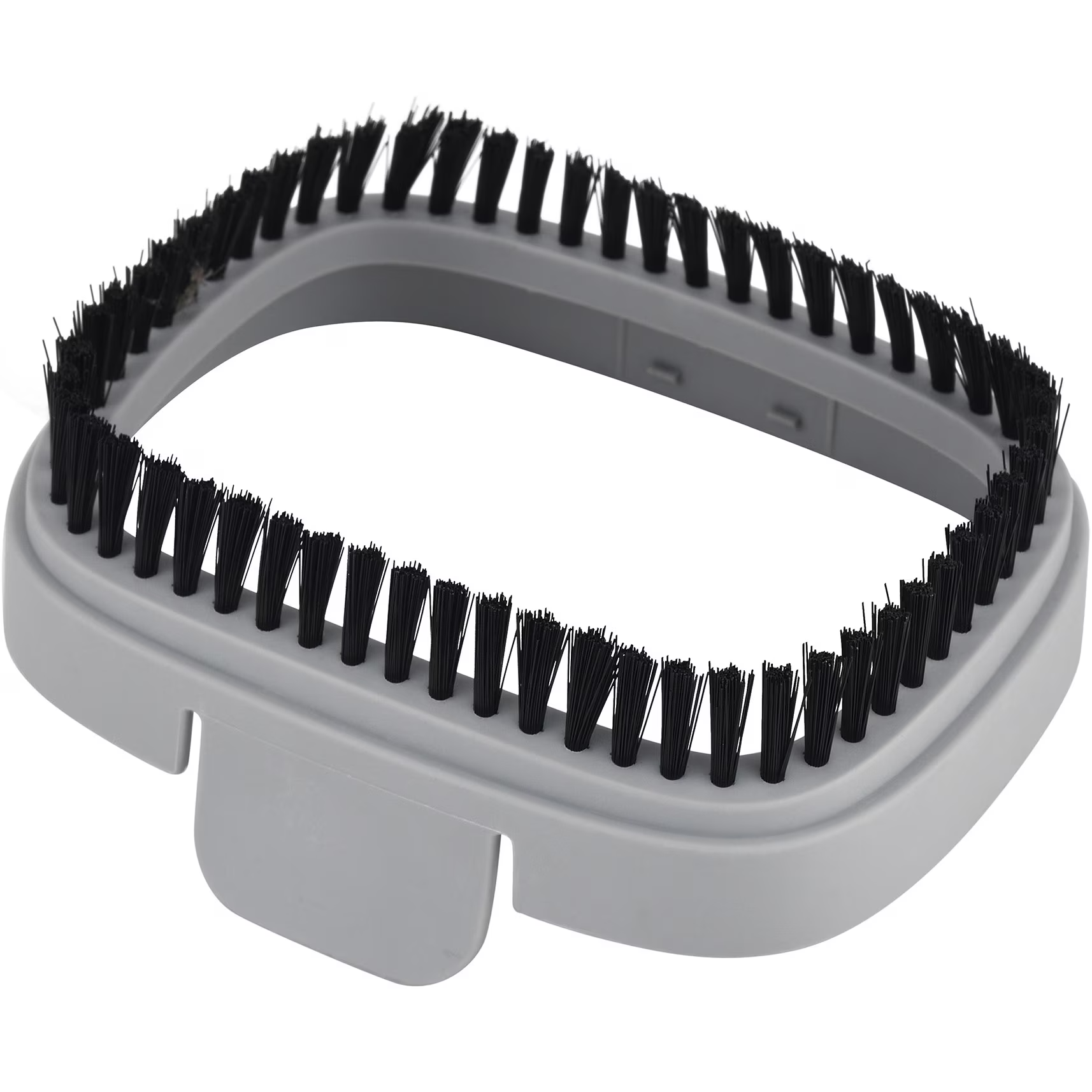 Grijze stofzuigeraccessoire met zwarte borstels, ovale vorm.