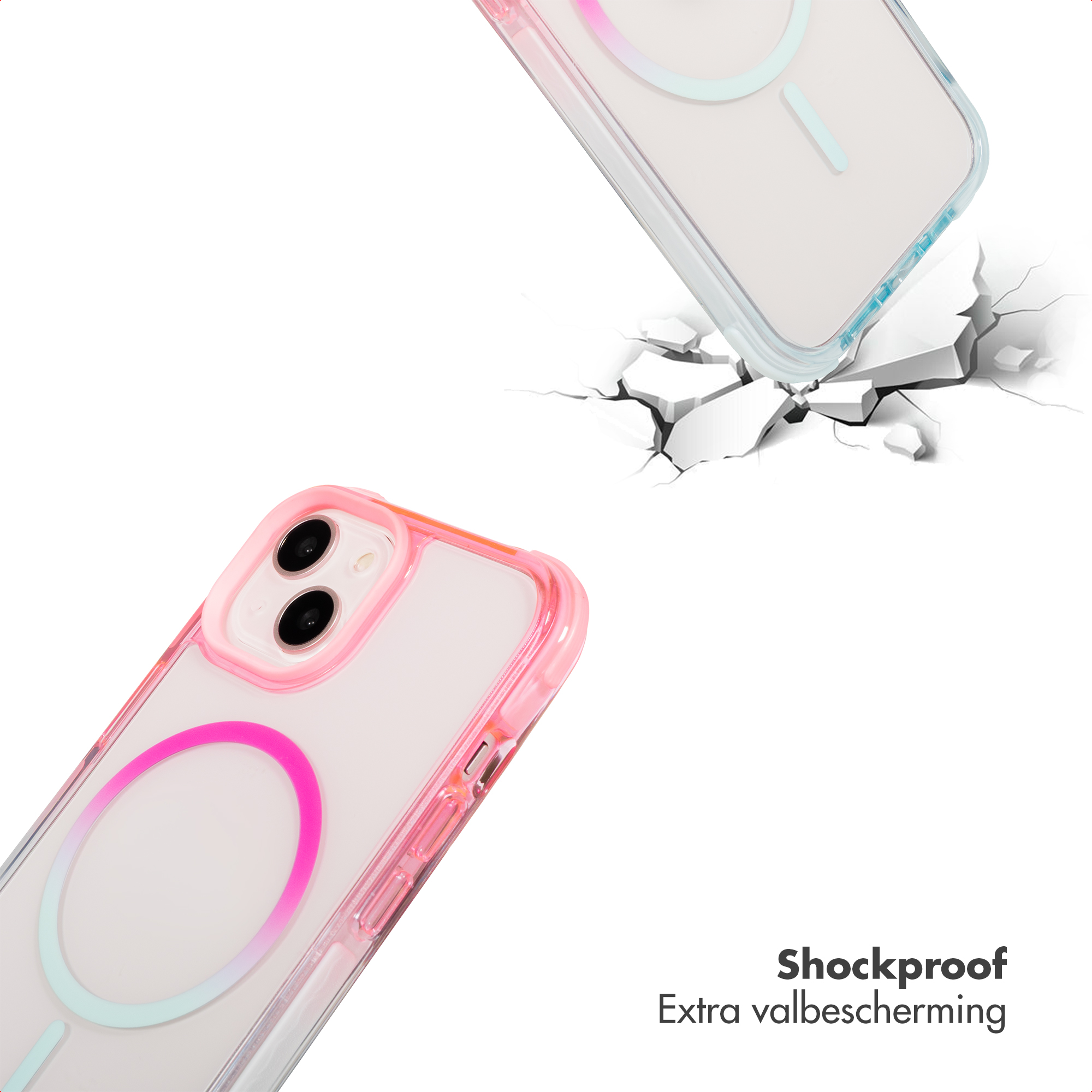 Deux coques de téléphone transparentes dégradées tombant sur un sol craquelé.