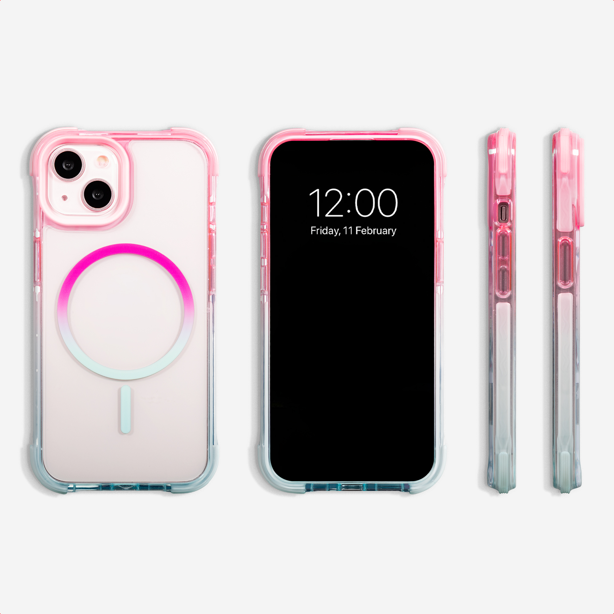 Une coque de téléphone transparente avec dégradé rose-bleu et anneau MagSafe.