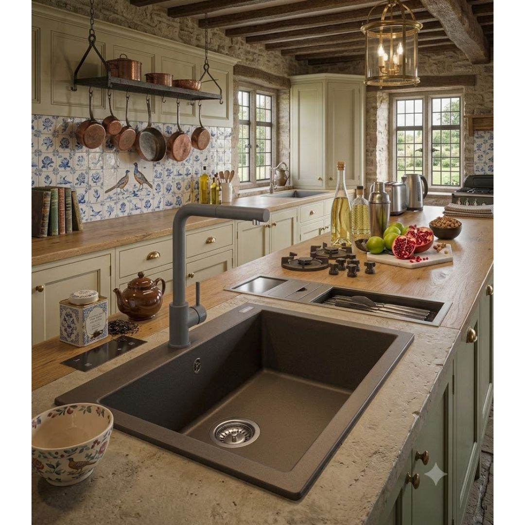 Una cucina rustica con pareti in pietra, travi in legno e pentole in rame.