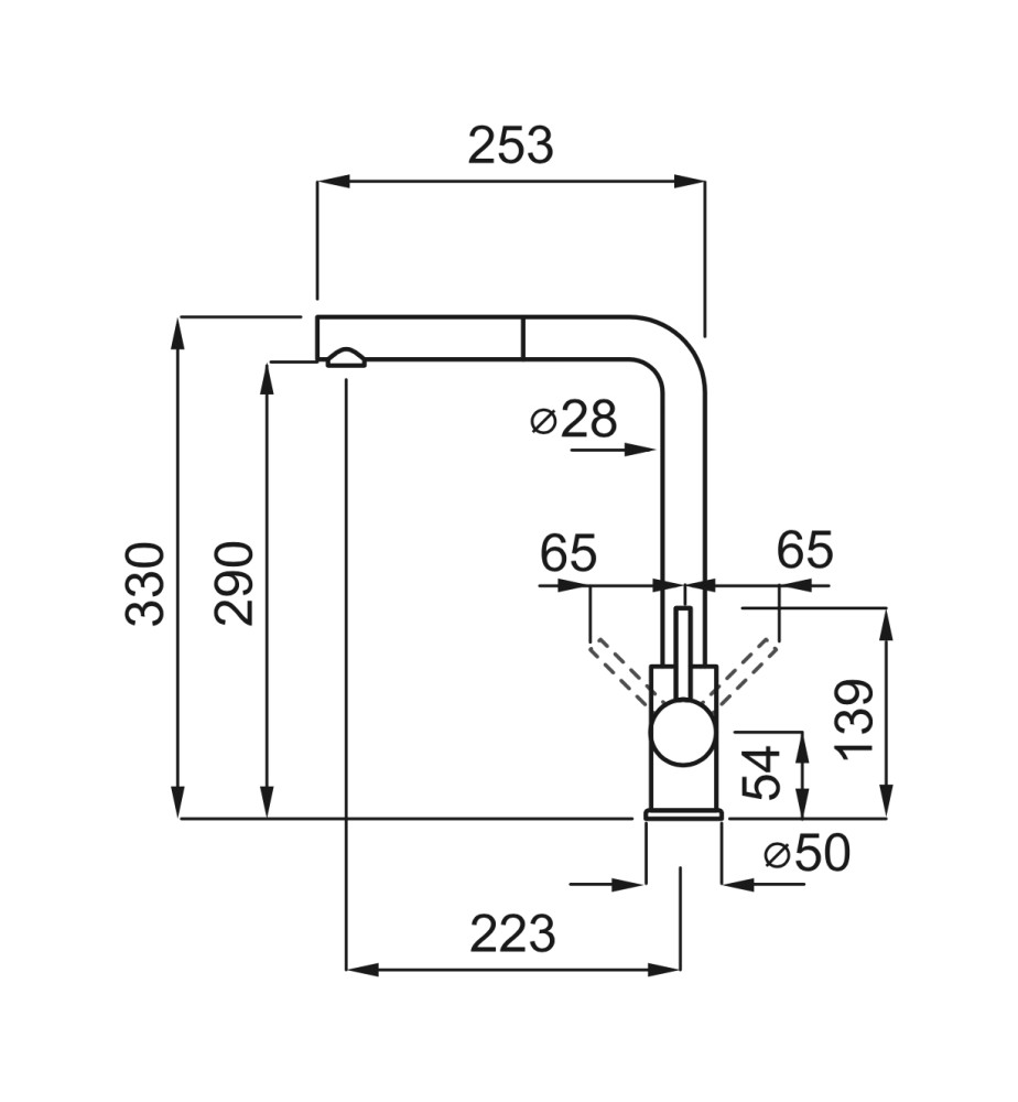 Disegno tecnico di un rubinetto con dimensioni in mm.