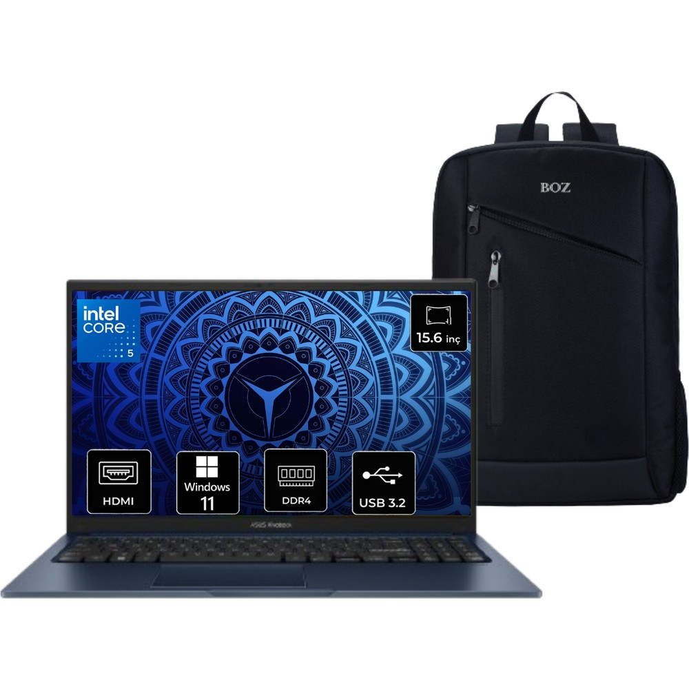 Intel Core 5 ve Windows 11'li mavi bir dizüstü bilgisayar, siyah bir BOZ sırt çantasının yanında duruyor.