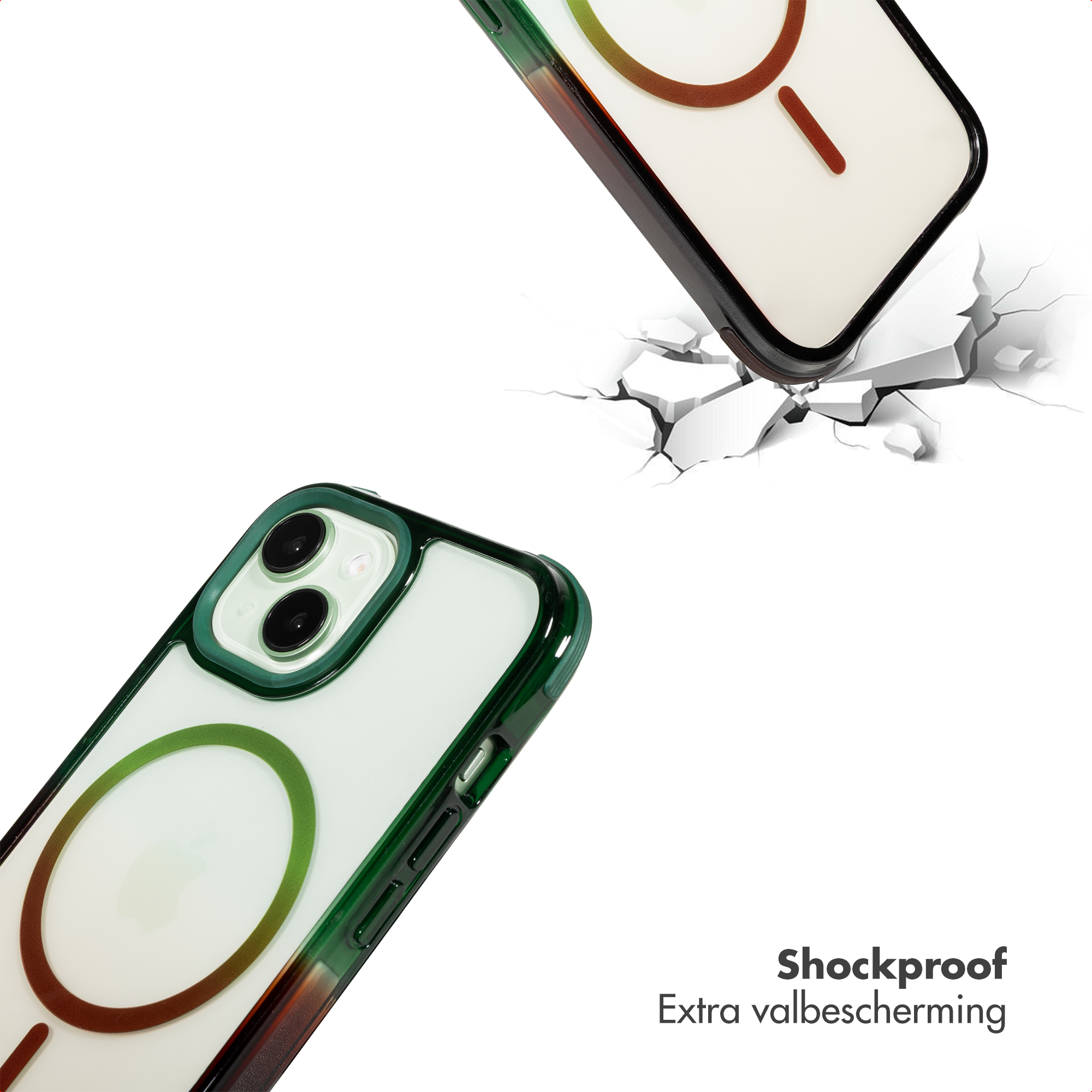 Twee telefoonhoesjes met kleurverloop op wit. Eén valt, breekt de grond.