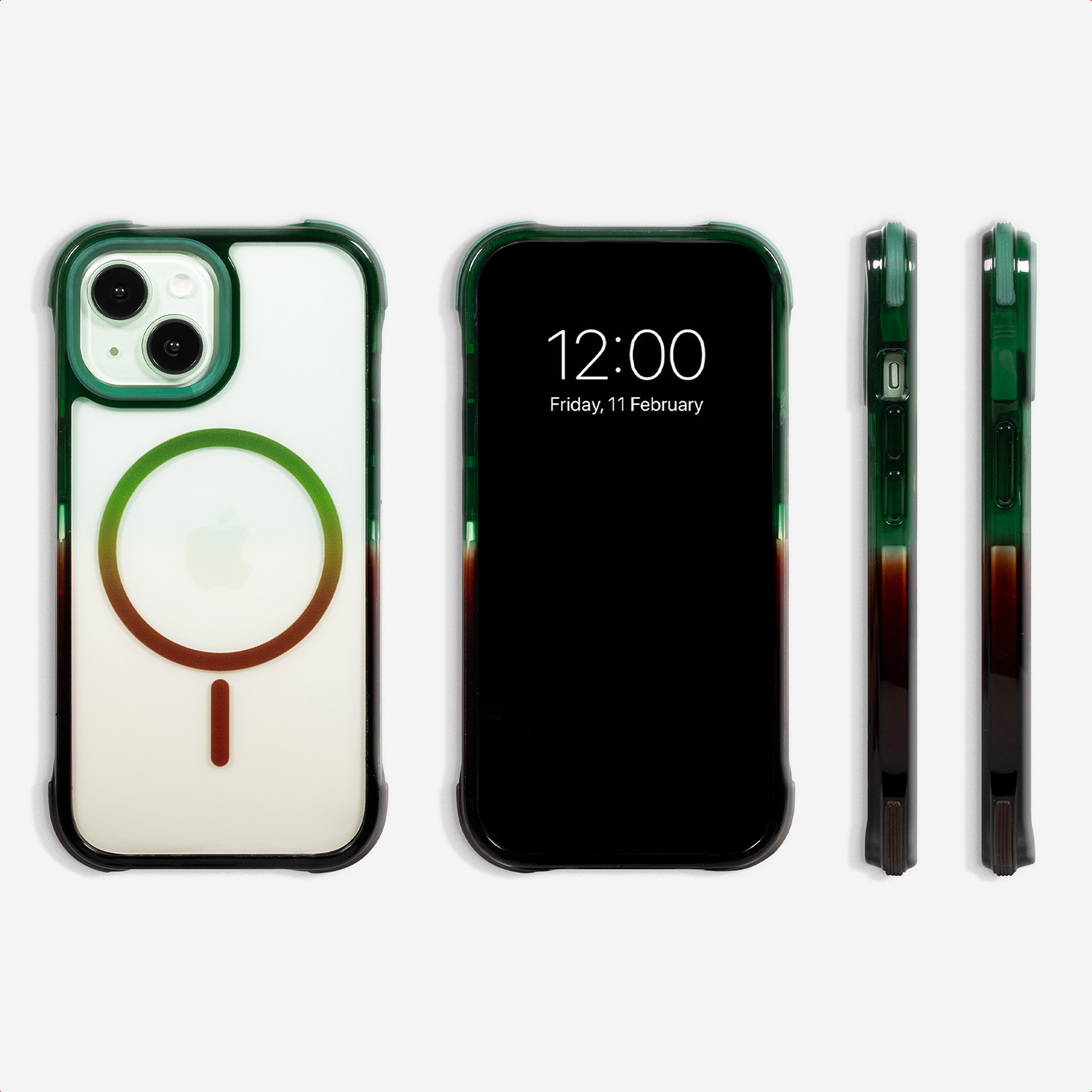 iPhone hoesje met camera en MagSafe ring, voor- en zijaanzichten.