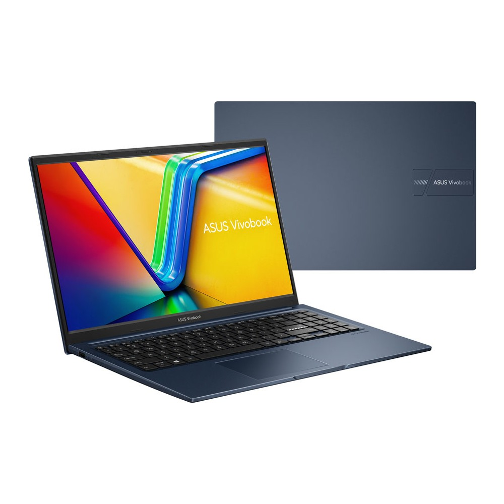 Canlı renkli duvar kağıdı ve klavyeye sahip mavi bir ASUS Vivobook dizüstü bilgisayar.