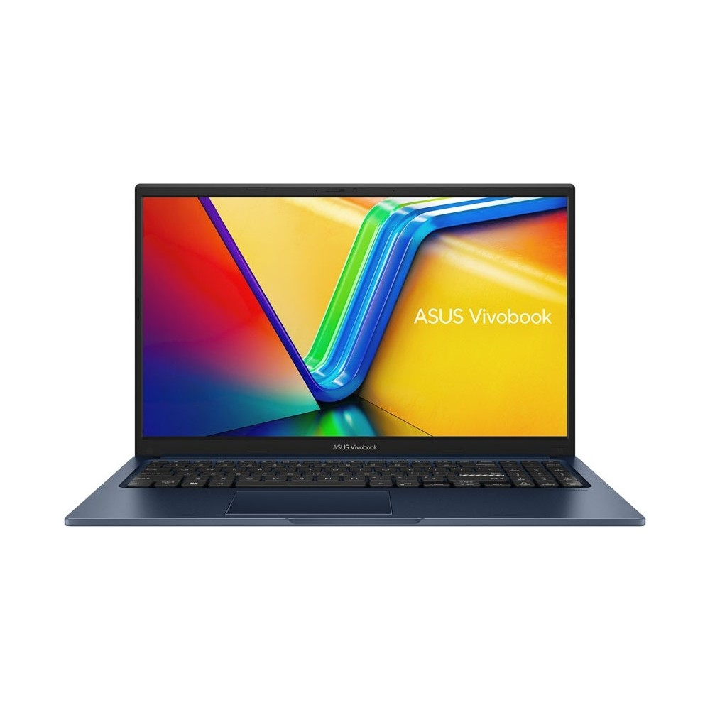 Ekranında renkli duvar kağıdı bulunan koyu mavi bir Asus Vivobook dizüstü bilgisayar.