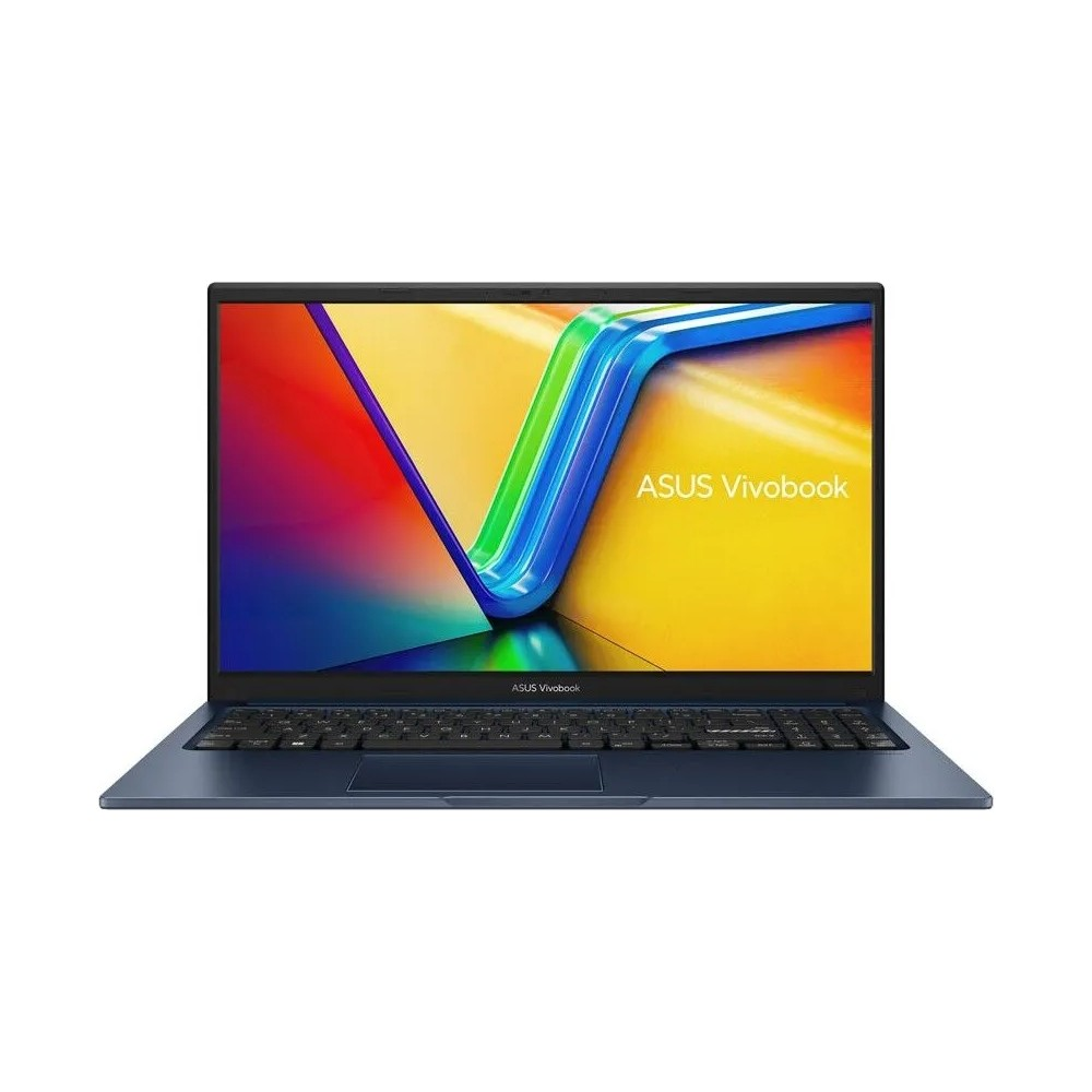Ekranında renkli soyut duvar kağıdı bulunan mavi bir ASUS Vivobook dizüstü bilgisayar.