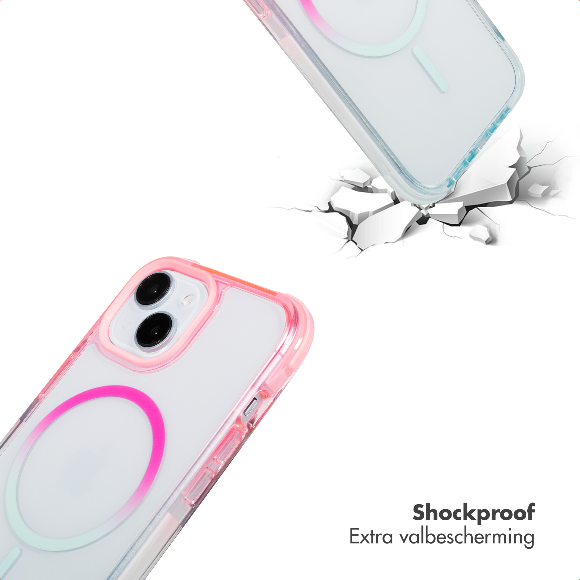 Twee doorzichtige telefoonhoesjes met gekleurde randen, één breekt door de vloer.