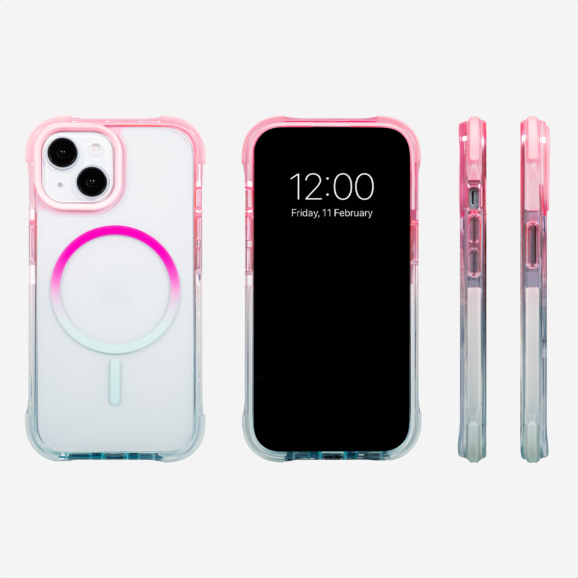 iPhone hoesje met MagSafe, roze/blauwe gradiënt, voor-, voor- en zijaanzichten.