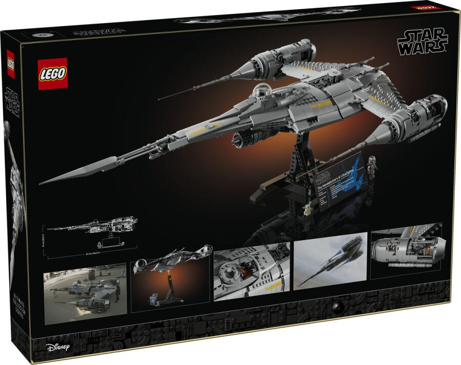 Pudełko LEGO Star Wars ze szczegółowym modelem statku kosmicznego na stojaku.