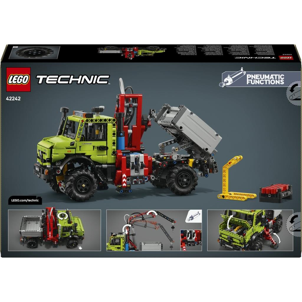 Kırmızı vinçli ve damperi olan yeşil Lego Technic kamyon. Pnömatik fonksiyonlar.