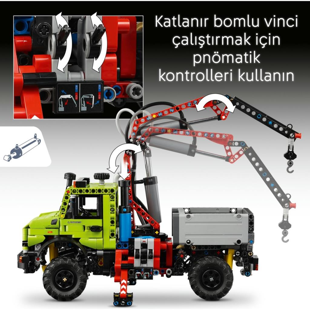 Pnömatik kontrollerle çalıştırılan uzat ılabilir vinç koluna sahip yeşil oyuncak kamyon.