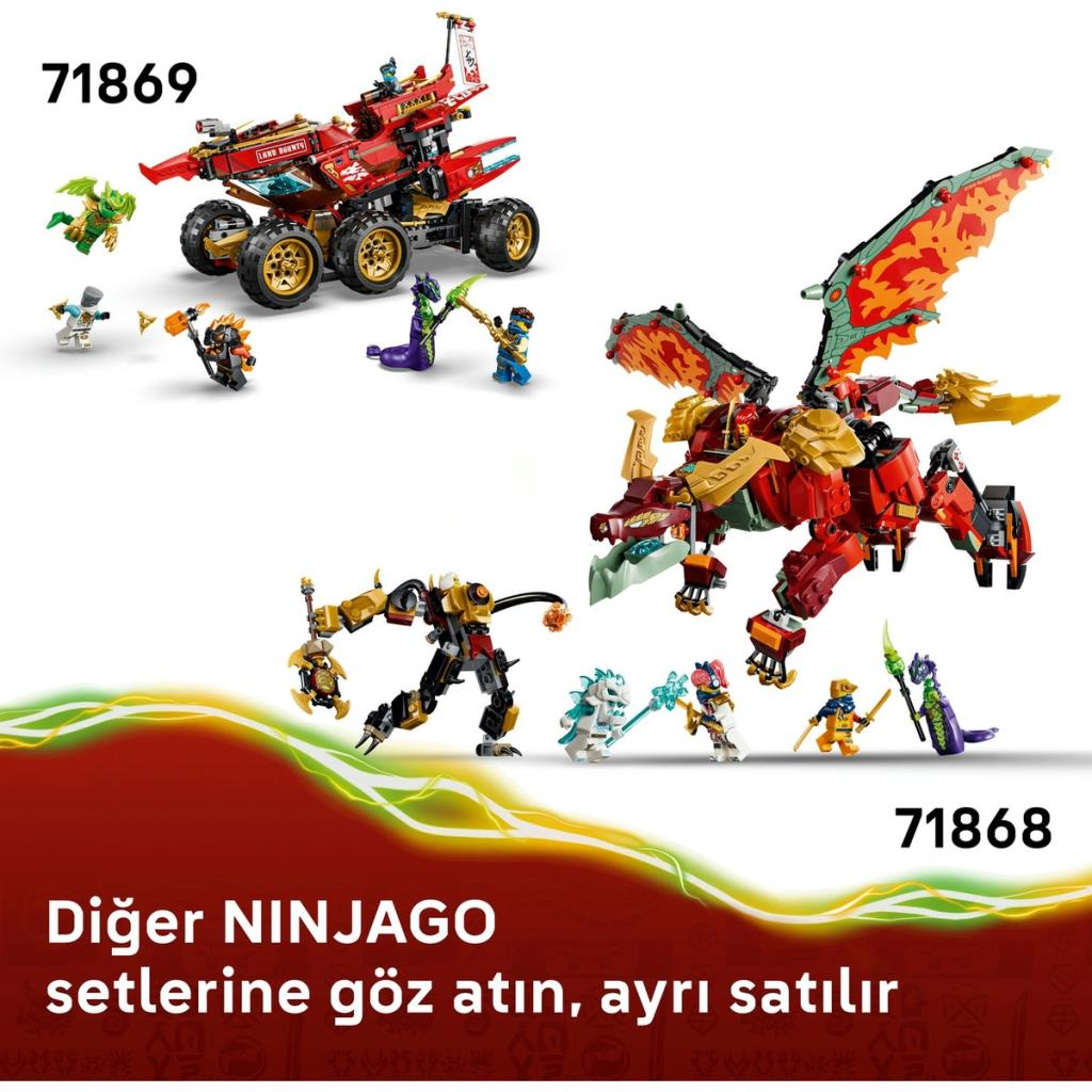 Ninjago oyuncakları: kırmızı arazi aracı, kırmızı ejderha, altın mekanik, figürler.