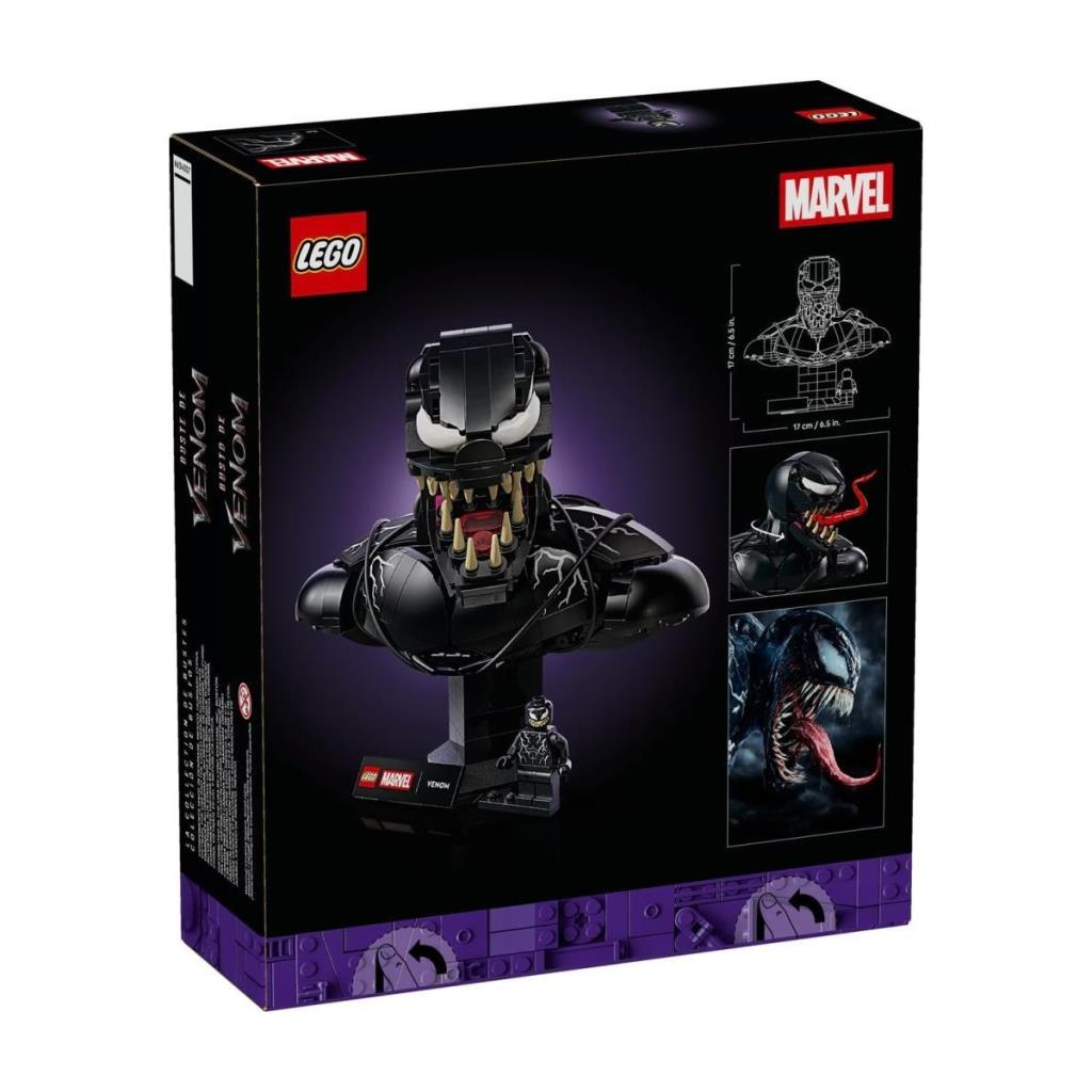LEGO Marvel Venom büst kutusu, 3D model ve karakter sanatı içerir.