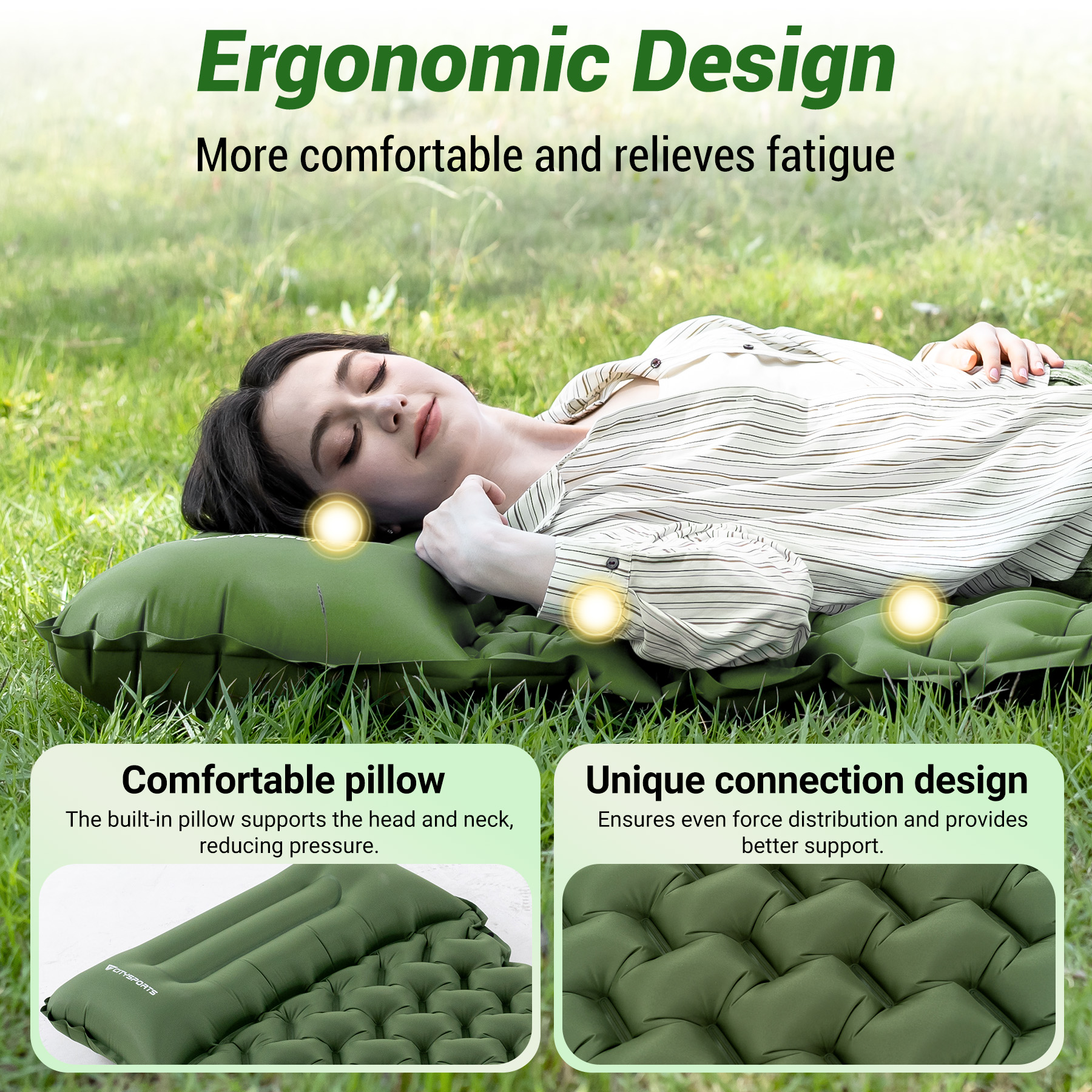 A woman rests on a green air mattress in the grass, with text about comfort.