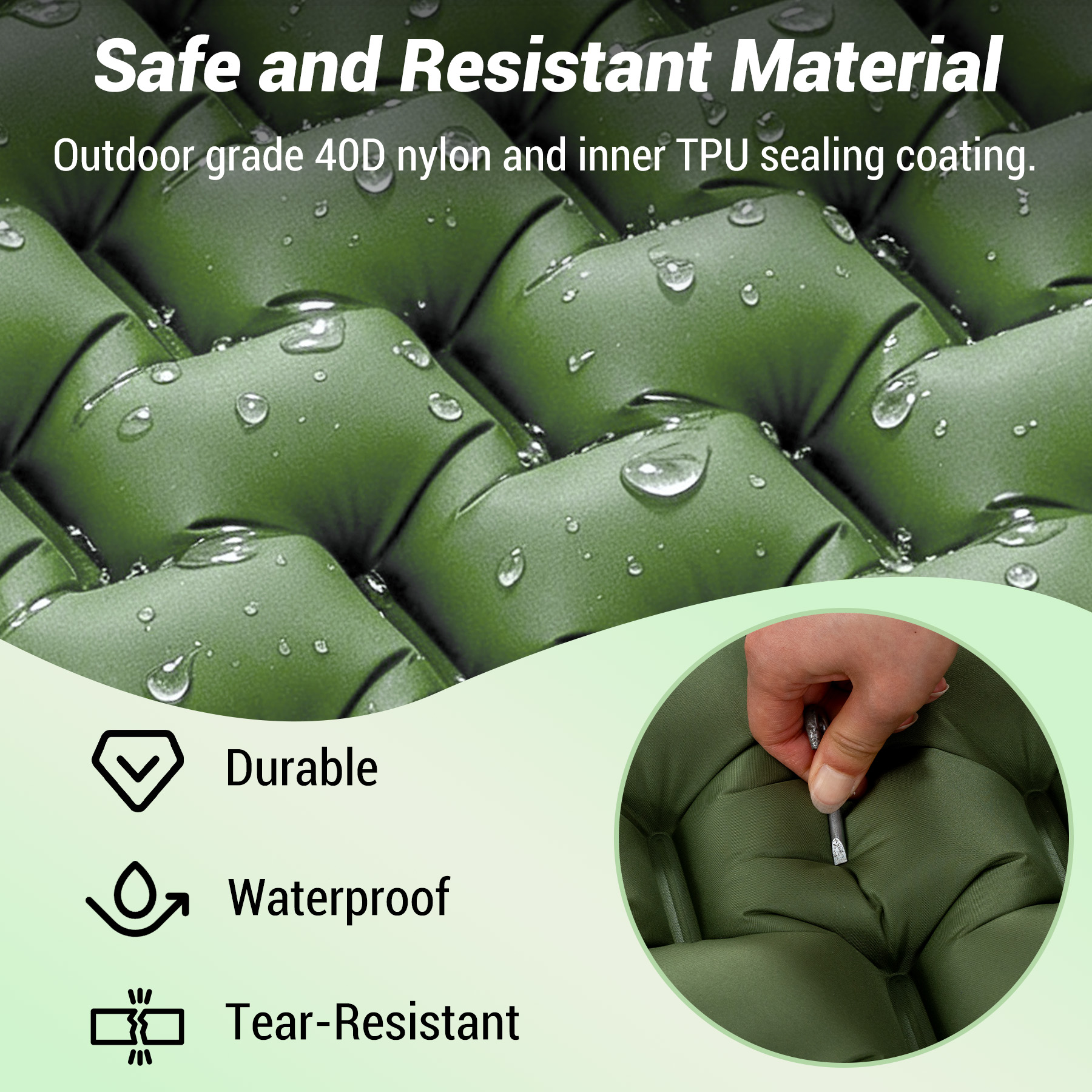 Green inflatable mat with water drops; hand closing valve. Durable, waterproof, tear-resistant.