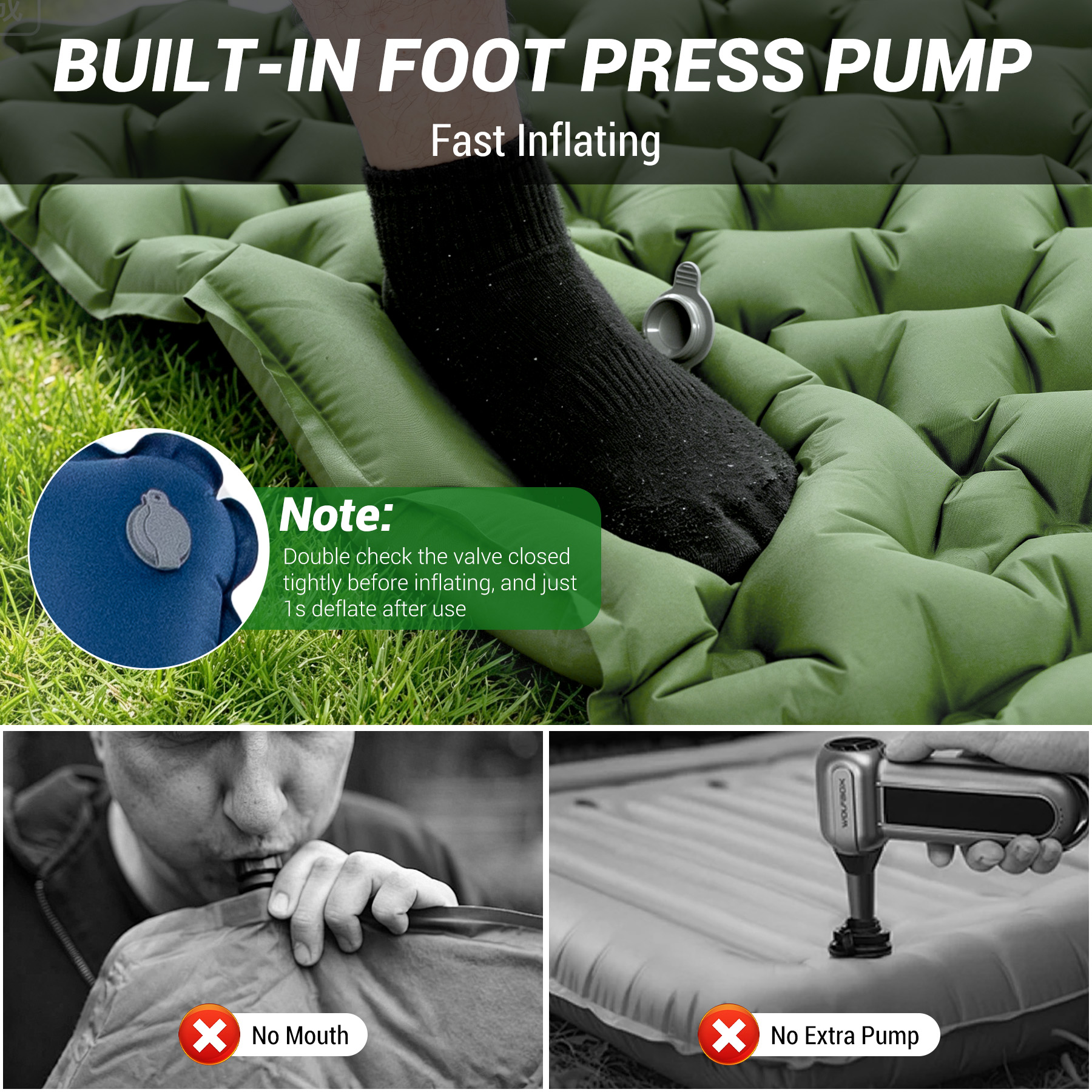 Green air mattress with built-in foot pump being operated by foot.